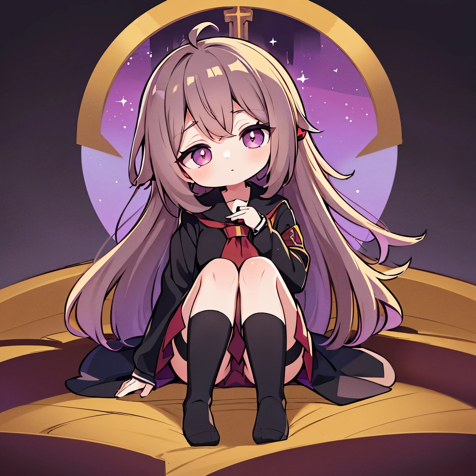 best quality, 32k, RAW photo, incredibly absurdres, extremely detailed, delicate texture, (chibi, super deformed, full body), 18 years old expressionless beauty, (wearing red, white and gold magic school uniform, brown miniskirt, brown knee-high socks:1.3), thighs, slender, (wooden sword:1.2), (glossy black medium straight hair, black-purple big eyes:1.4), a sinister aura of purple, red, and black, background church cathedral