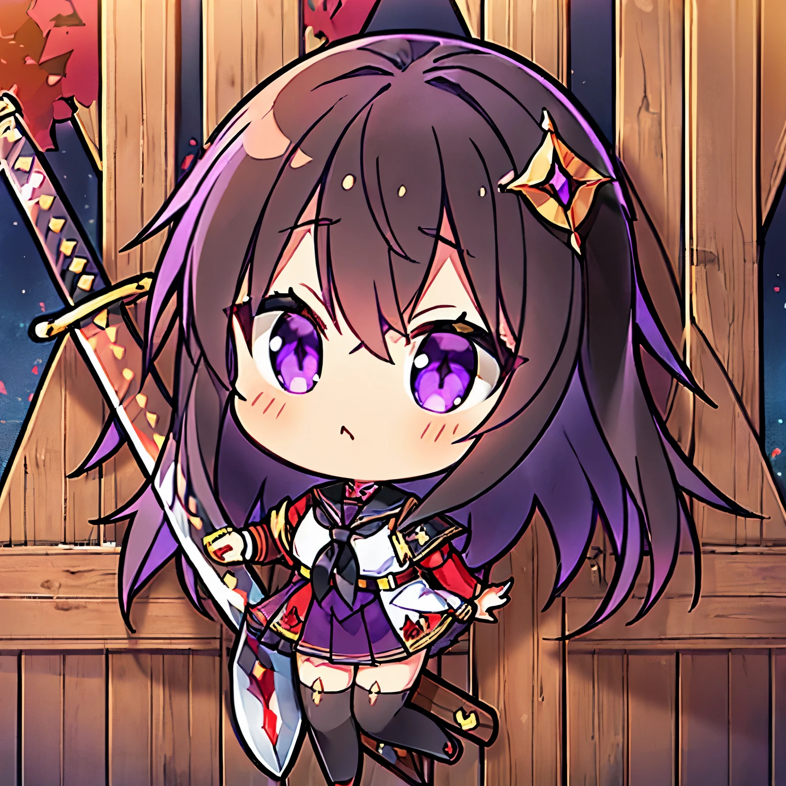 best quality, 32k, RAW photo, incredibly absurdres, extremely detailed, delicate texture, (chibi, super deformed, full body), 18 years old expressionless beauty, (wearing red, white and gold magic school uniform, brown miniskirt, brown knee-high socks:1.3), thighs, slender, (wooden sword:1.7), (glossy black medium straight hair, black-purple big eyes:1.4), a sinister aura of purple, red, and black, background church cathedral
