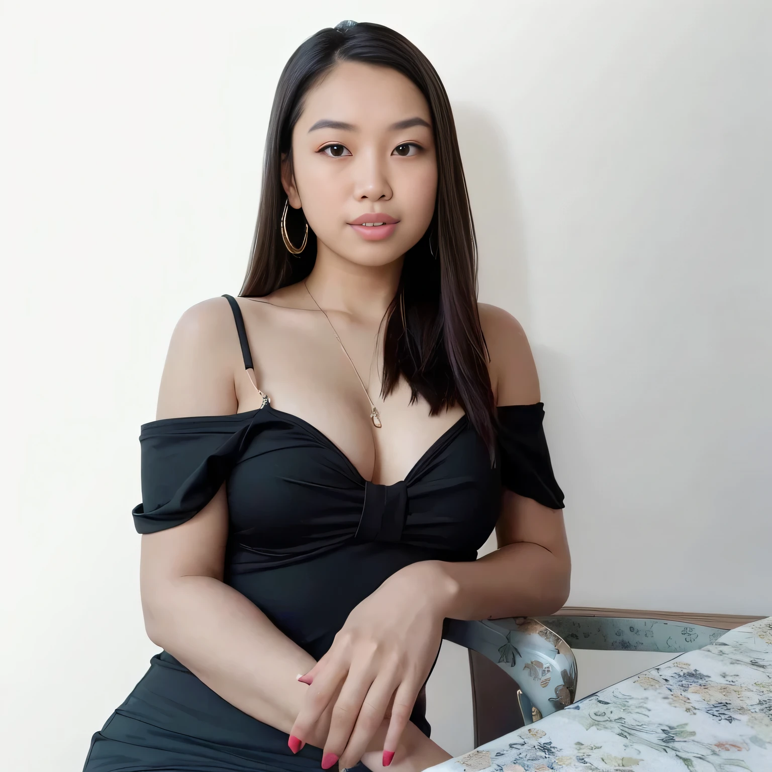 there is a woman sitting at a table with a plate of food, 18 years old, an asian woman, cindy avelino, asian female, 21 years old, a young asian woman, she is wearing a black dress, 19-year-old girl, nivanh chanthara, 2 2 years old, 2 7 years old