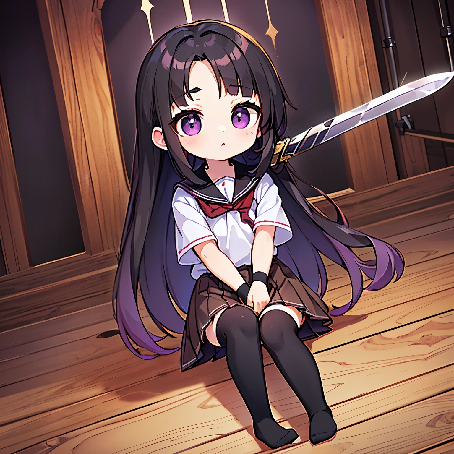 best quality, 32k, RAW photo, incredibly absurdres, extremely detailed, delicate texture, (chibi, super deformed, full body), 18 years old expressionless beauty, (wearing red, white and gold magic school uniform, brown miniskirt, brown knee-high socks:1.3), thighs, slender, (wooden sword:1.7), (glossy black medium straight hair, black-purple big eyes:1.4), a sinister aura of purple, red, and black, background church cathedral