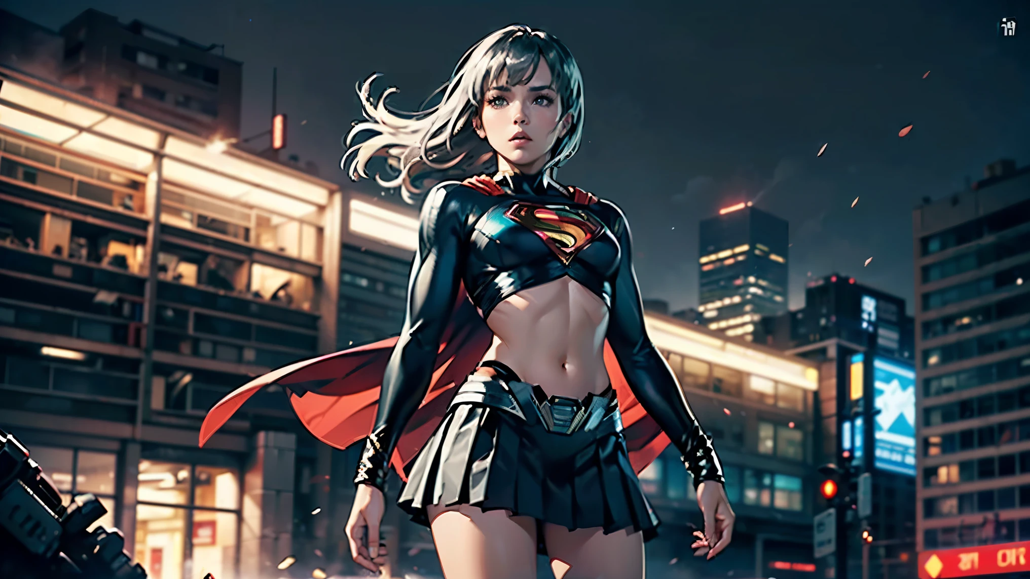 1girl, solo, action shots of female, blonde hair in a ponytail, ((wearing a skimpy revealing black and silver version of the evil superman suit man of steel)), skirt, no pants, skirt blowing in the wind revealing visible vagina, 
 small breasts, boob window, (explosions in the background a city in ruins), Style-BladeRunner2049-8v Intricate, High Detail, Sharp focus, dramatic, 