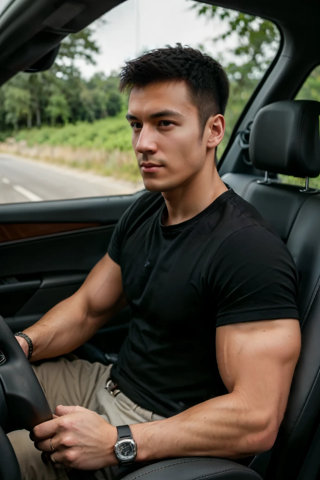 1man,A 25-year-old muscular man,Inside the car, you can see from the car window wearing a black t-shirt,Holding the steering wheel,Honda Civic type-r car,softlighting,masterpiece,best qualtiy,8K UHD,digital SLR camera,filmgrain,Midjourney and greg rutkowski's Fujifilm XT3 realistic painting art