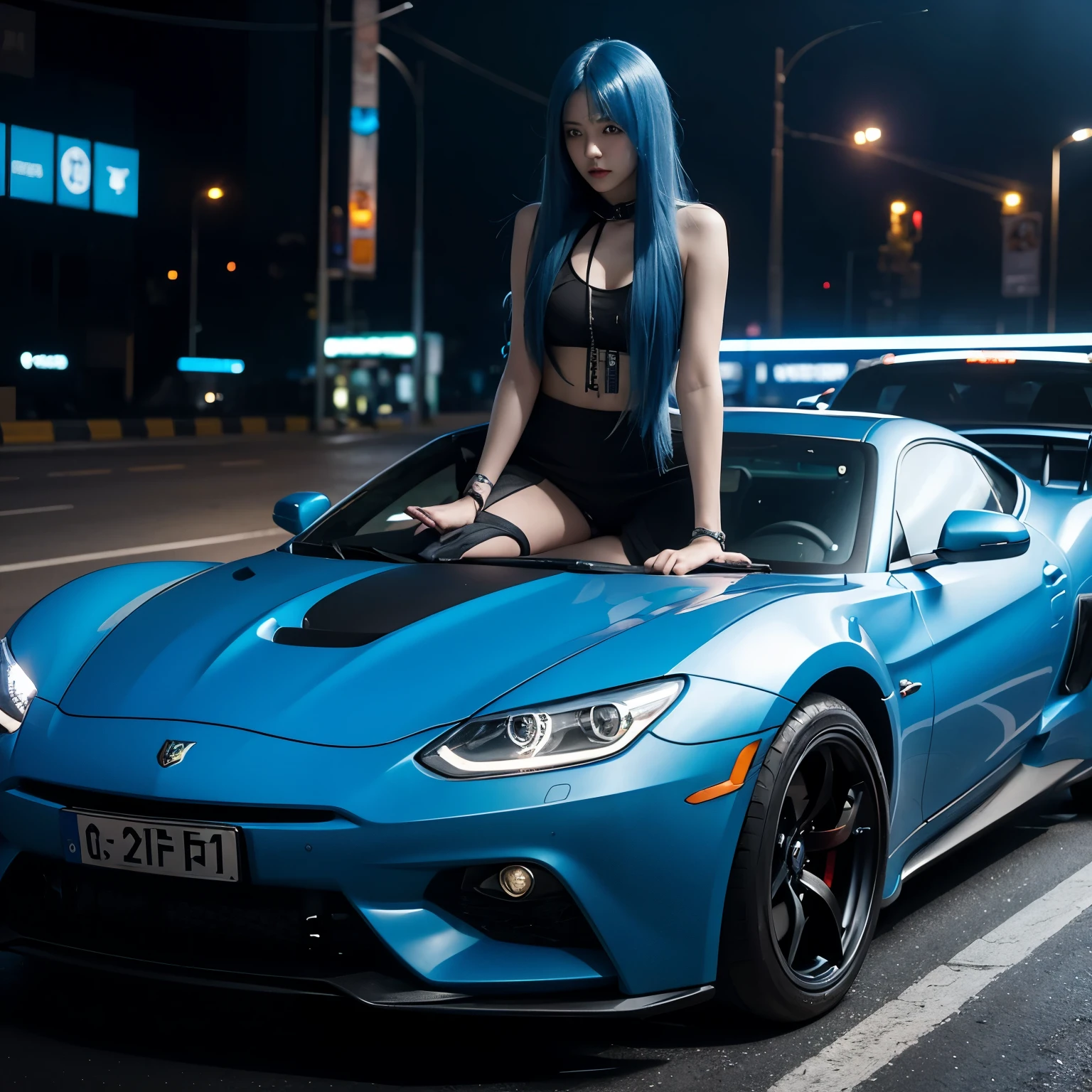 In cyberpunk, a girl with long blue hair holds a Tang knife and leans against a sports car in soft light.