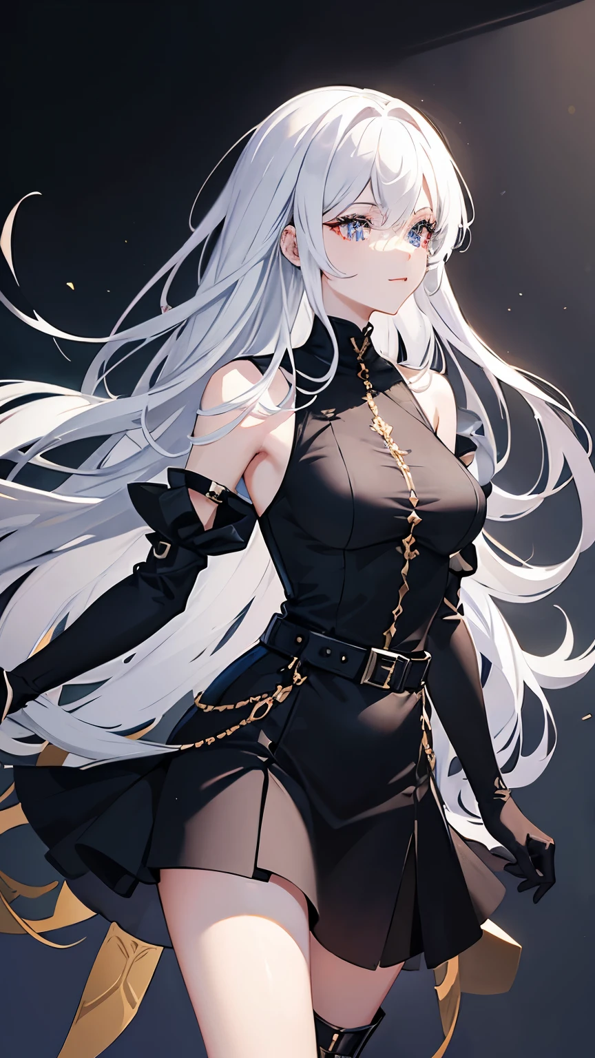 Royal sister，Wearing black stiletto-heeled over-the-knee boots:1.1，elegant movements，black leather belt，（black long gloves），（beautiful background:1.2），long white hair，profile，（Black short JK），leg rings，JK，blue pupils，belt buckle，contour，smiling expression，黑色leg rings，sleeveless long shirt，take off shoulders，(Extremely detailed CG unified 8k wallpaper),(masterpiece), (best quality), (super detailed), (Best Illustration),(best shadow), ( eye shadow, exquisite eyes:1.1)