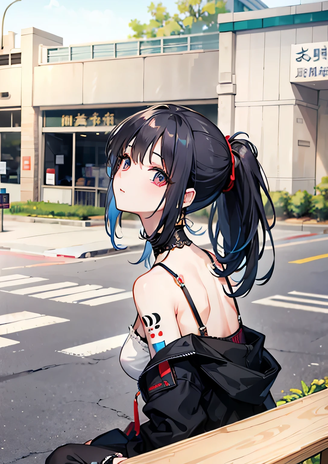 Woman sitting on bench taking photo of building, chin length hair, short hair, Bagel hair style, 8k 50mm ISO 10, Ponytail reaches waist, Taiwanese girl with tattoos, 中long hair, Inspired by Cheng Jiasui, Urzan, short ponytail, long hair, Shoulder length hair,(masterpiece, top quality, best quality, official art, Beautiful and beautiful:1.2), (1 girl), Very detailed,(fractal art:1.3),colorful,most detailed