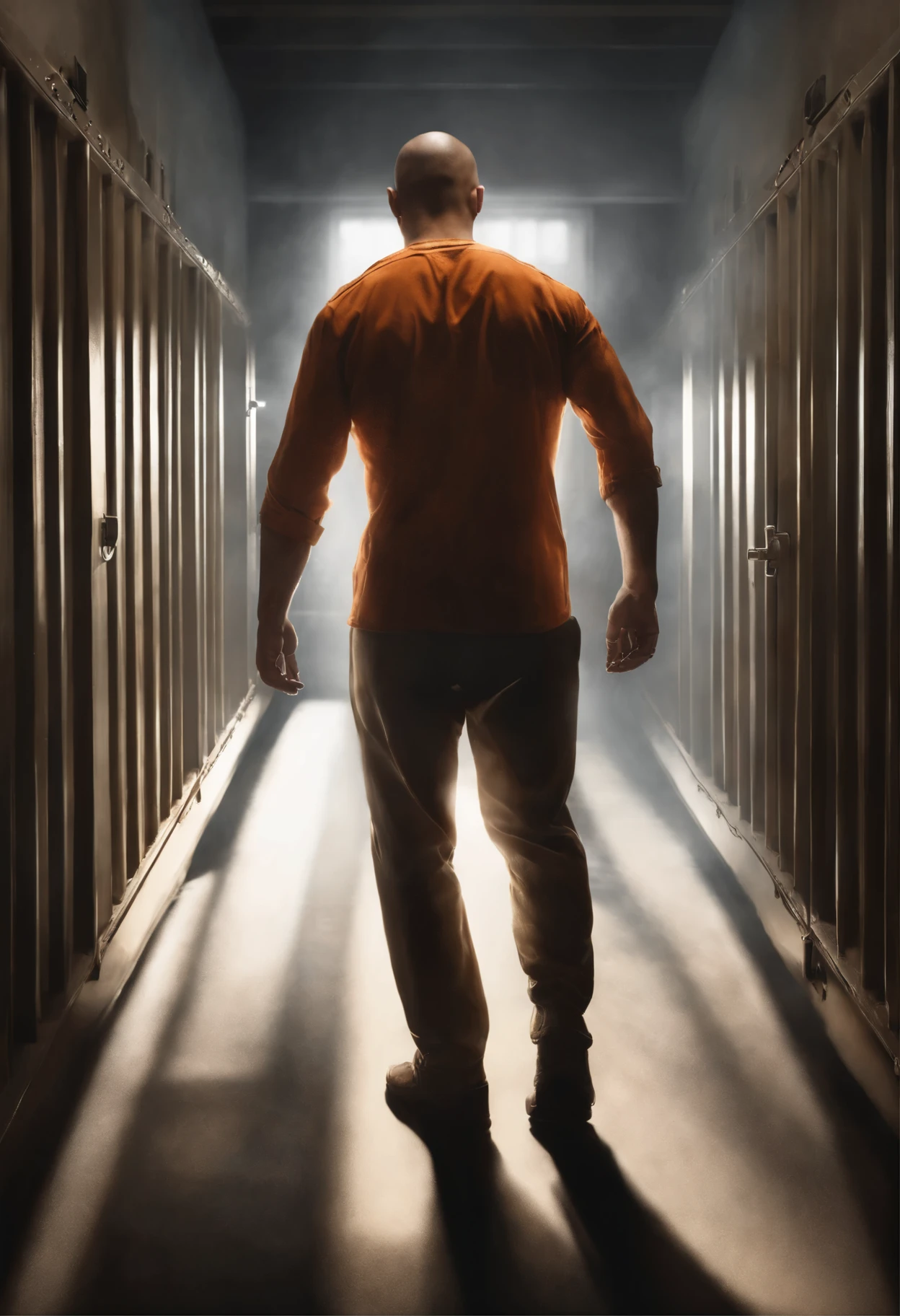 Immerse yourself in the creation of a hyper-realistic, ultra HD image with cinematic lighting inspired by Artgerm's signature style. Picture an inmate, standing alone in his cell, his back turned to the viewer, tears flowing down his face as he gazes through the cold bars into the dimly lit corridor beyond. The lighting should play with shadows and highlights, casting a dramatic contrast to emphasize the emotional turmoil engulfing the inmate. Employ unreal rendering techniques to infuse the scene with a surreal aura, amplifying its emotional impact. Let the resolution be 32k, enabling the capture of every nuanced detail, resulting in a visually captivating and deeply moving artwork