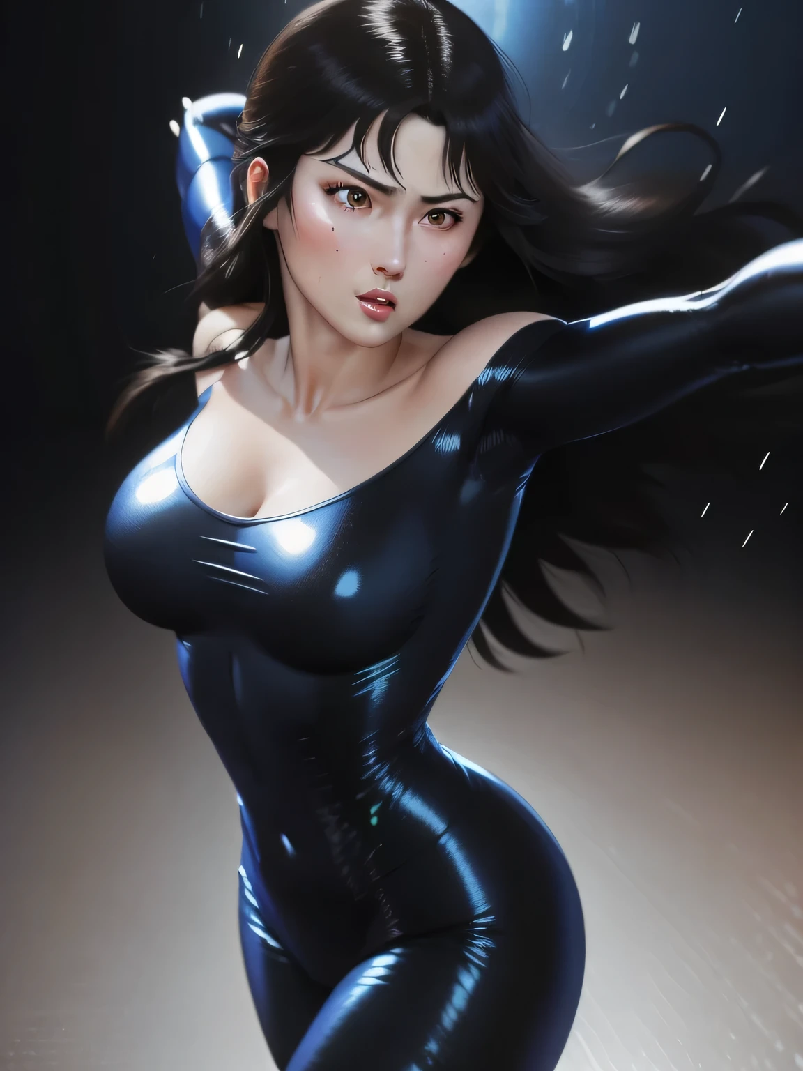 best quality, ultra detailed, realistic, Hitomi Kisugi, 1 girl, beautiful girl, long black hair, beautiful detailed eyes, beautiful detailed lips, eyelashes, gorgeous brown eyes, blue bodysuit, off the shoulder, vibrant colors, HDR, studio lighting, sharp focus, moving towards the viewer,
attacked by an enemy, attacked, punched.