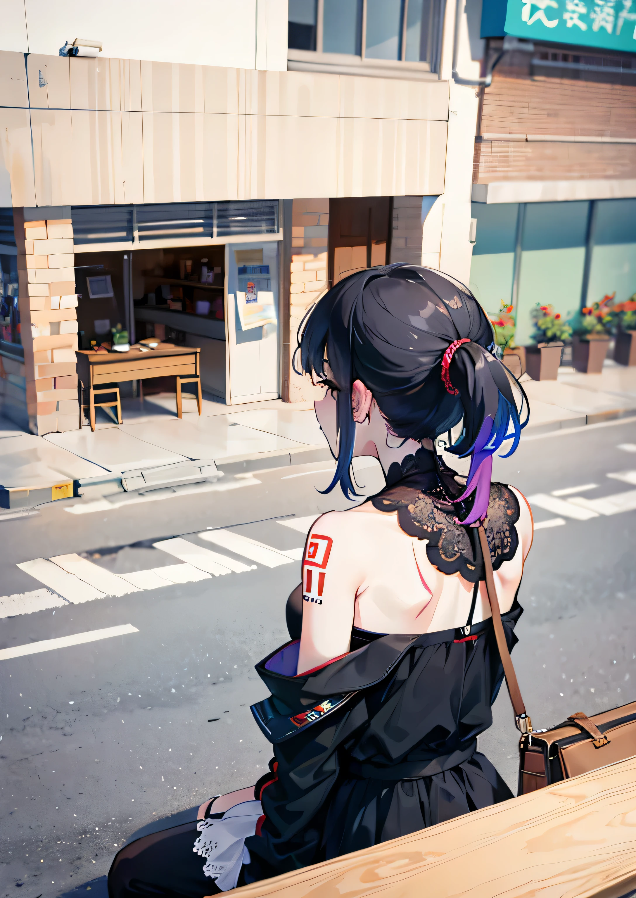 Woman sitting on bench taking photo of building, chin length hair, short hair, bagel hairstyle, 8k 50mm ISO 10, Ponytail reaches waist, Taiwanese girl with tattoos, 中long hair, Inspired by Cheng Jiasui, Urzan, short ponytail, long hair, Shoulder length hair,(masterpiece, top quality, best quality, official art, Beautiful and beautiful:1.2), (1 girl), Very detailed,(fractal art:1.3),rich and colorful,most detailed