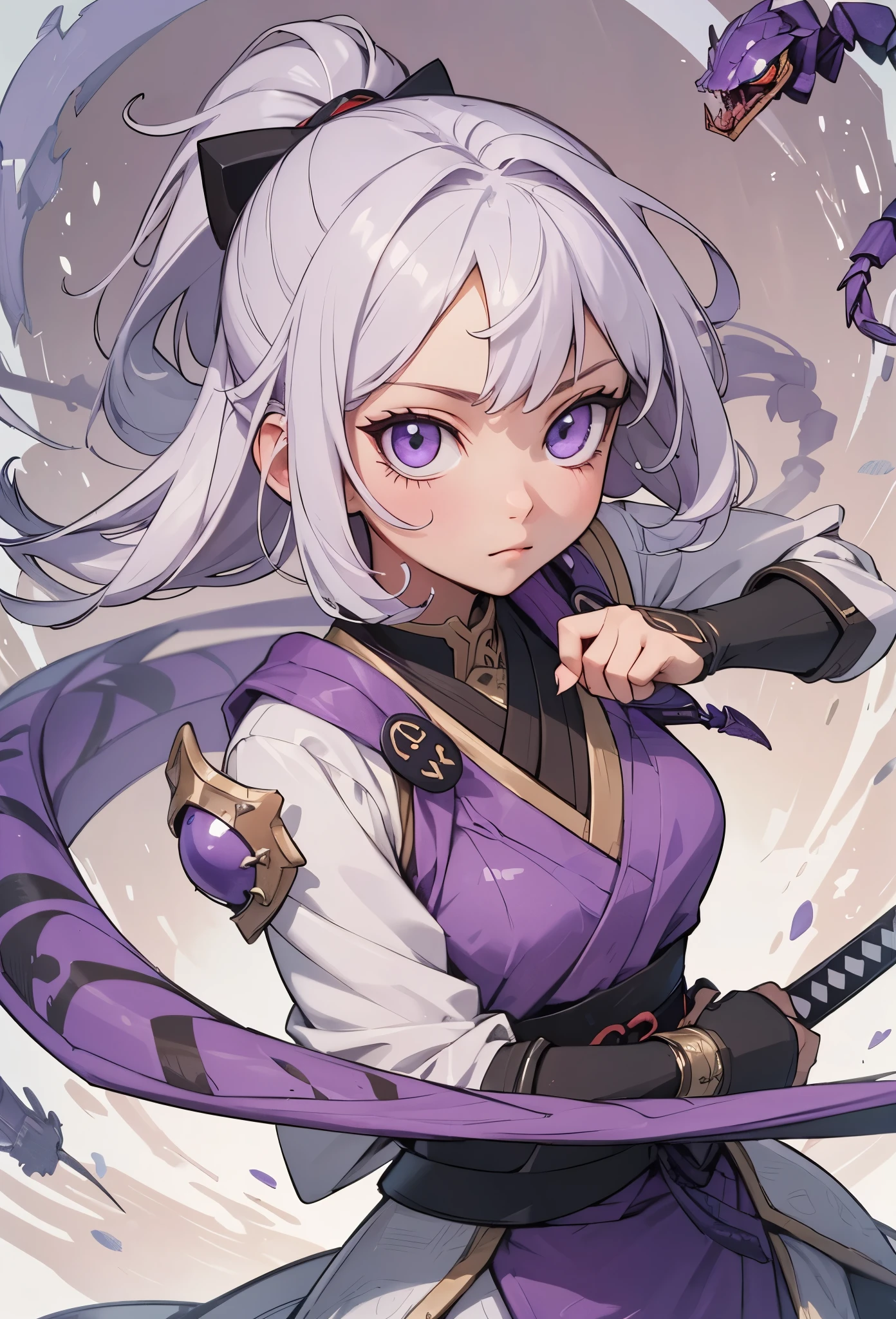 ((Highly accurate drawing in every detail)Extremely precise depiction)[High resolution],(detailed illustrations,とてもfineで緻密な描画,Delicate drawn lines with tempo,Realistic texture expression),[color traced main line],(Fantasy World Battlefield Background [burning castle]),(GIRL ROBOT 16yo (purple scorpion[METALFACE[clear lenticular iris]]) (SKINNY)) [WEAPON MACHINE],((NINJA Sengoku Armor))[Stall],[[poisonous scorpion pattern]],[Use a ninja sword as a weapon],[[Mobile Weapon Gigant Size][science fiction mechanical]],[Clear purple translucent shell that covers the body surface],(intricate and beautiful decoration [Dense detail]),[transparency],(Precisely drawn face)[完璧な目のdetailed(Beautifully detailed iris)(Eyes like deep jewels)],(eyes light[Pinpoint lighting for the eyes]),[long and beautiful eyelashes],[precisely drawn hair [美しく艷やかな髪のdetailed]],(完璧な手のdetailed [Beautiful fingers with no damage [beautiful nails]]),(perfect anatomy(perfectly balanced proportions))[[full body portrait]],[ideal color coordination(Accurate simulation of light and material interactions)],([Precision Detail](detailed,高fine)),[Visual art that tells a story],((highest quality)fine[[High density drawing]])(4K Quality).