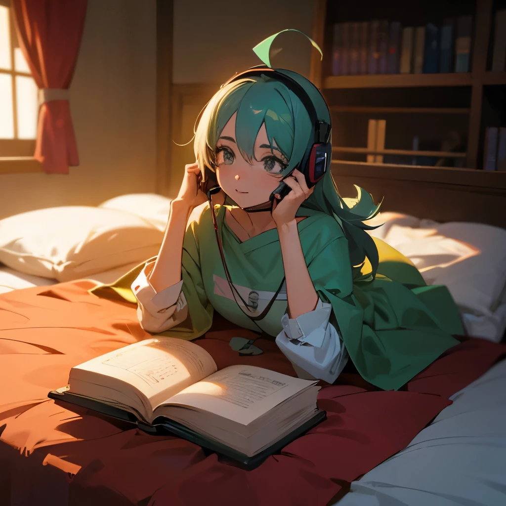 Garota loira de anime em um quarto, com headset, lendo um livro
