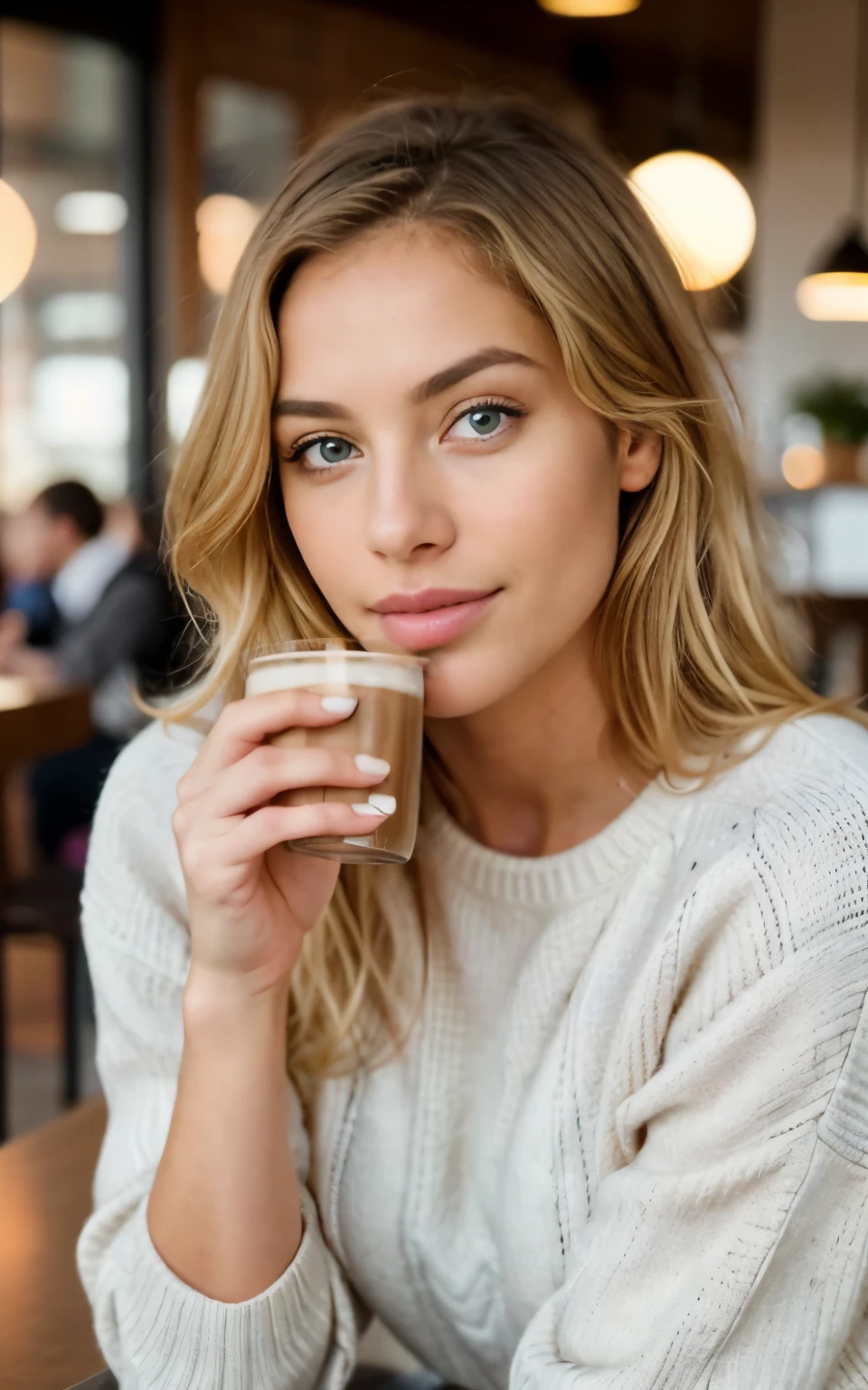 beautiful blonde wearing pink sweater (sipping coffee inside a modern café at sunset), very detailed, 21 years old, innocent face, natural wavy hair, blue eyes, high resolution, masterpiece, best quality, intricate details, highly detailed, sharp focus, detailed skin, realistic skin texture, texture, detailed eyes, professional, 4k, charming smile, shot on Canon, 85mm, shallow depth of field, kodak vision color, perfect fit body, extremely detailed, foto_\(ultra\), photorealistic, realistic, post-processing, maximum detail, roughness, real life, ultra realistic, photorealism, photography, 8k uhd, photography