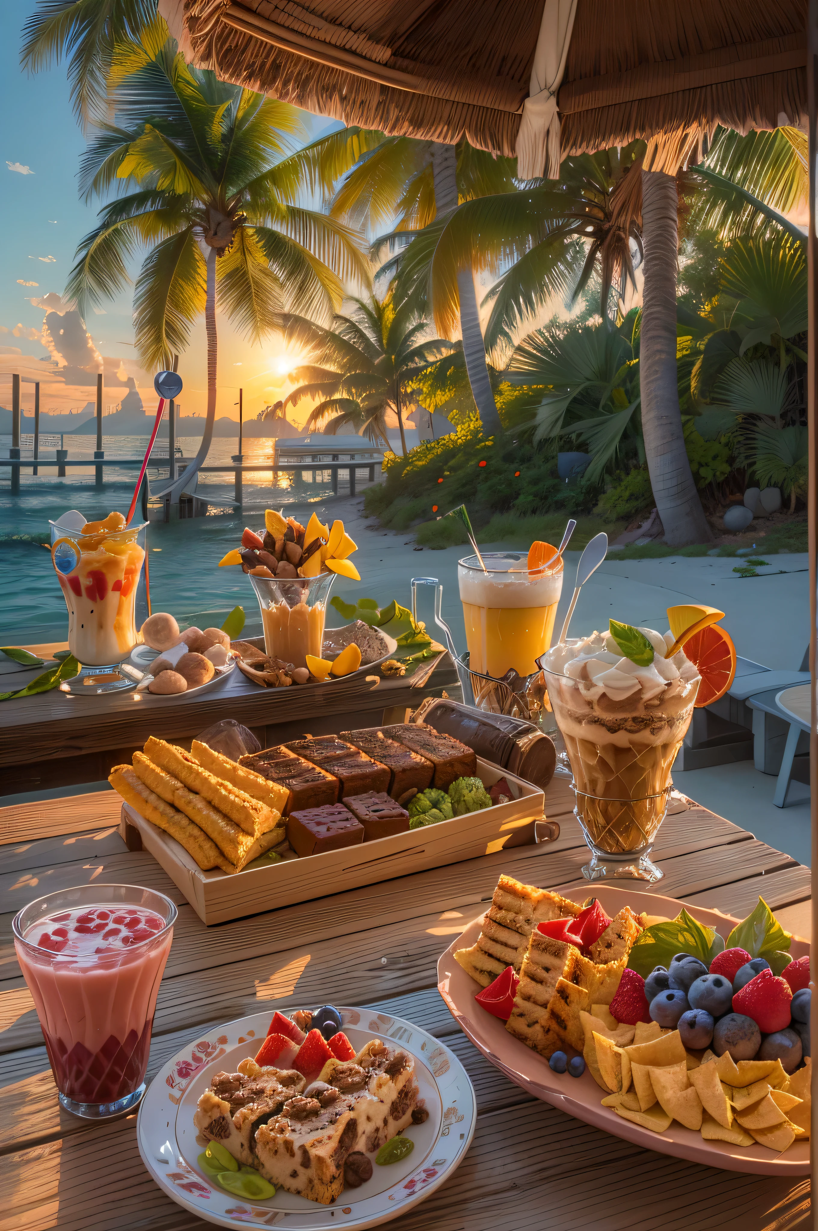 Snacks, potato chips, brownies, cakes, nuts, milkshakes,with fruit, gourmet, ultra HD, shadows, in keywest, at sunset, masterpieces