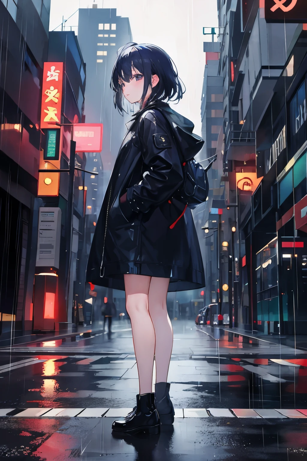 1 girl,City of night,rain,coat,put one&#39;s hand in one&#39;s pocket、Full body back view