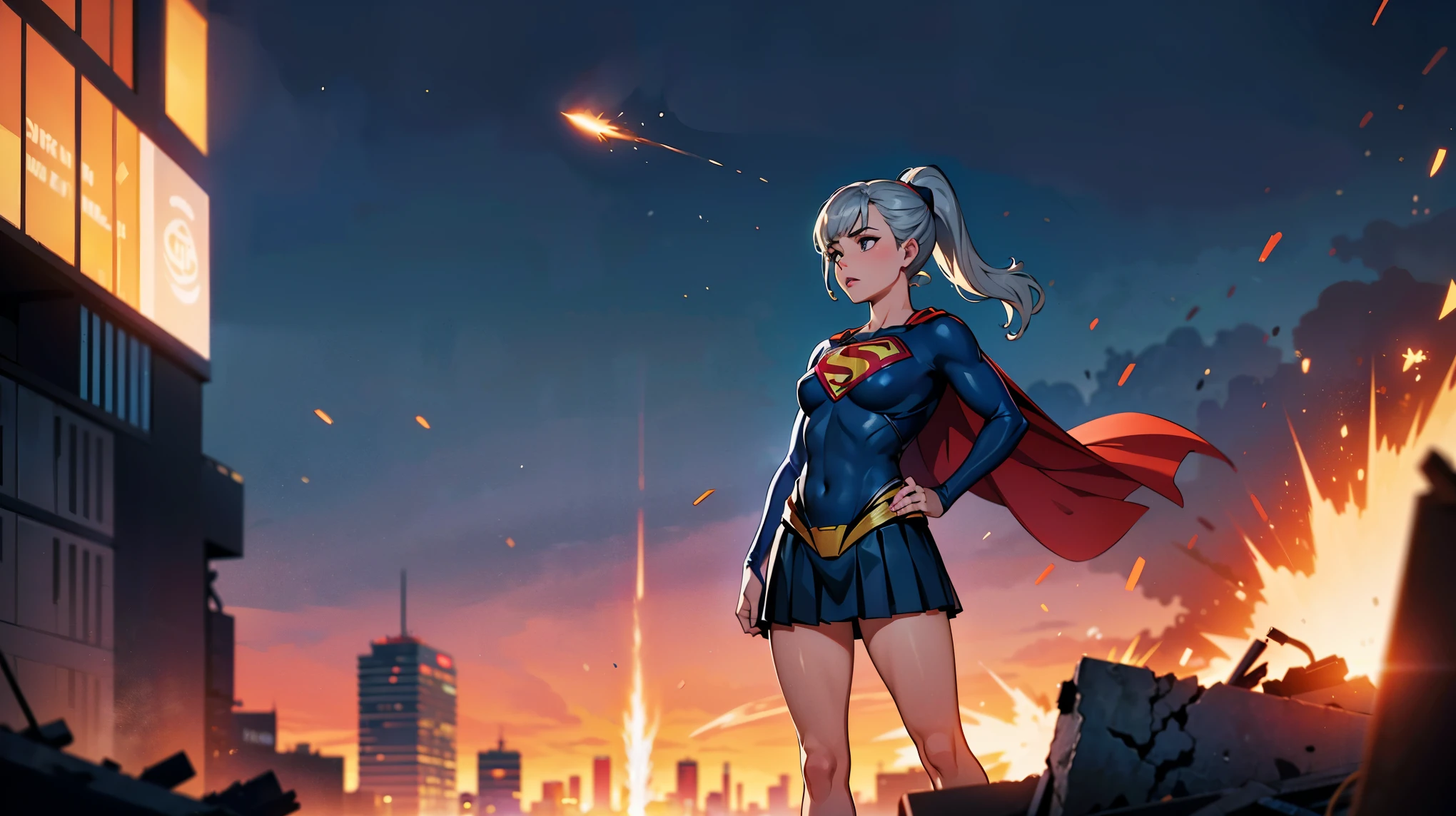1girl, solo, action shots of female, blonde hair in a ponytail, ((wearing a skimpy revealing black and silver version of the evil superman suit man of steel)), pleated skirt, no pants, pleated skirt blowing in the wind revealing visible vagina,
small breasts, boob window, (explosions in the background a city in ruins), Style-BladeRunner2049-8v Intricate, High Detail, Sharp focus, dramatic,