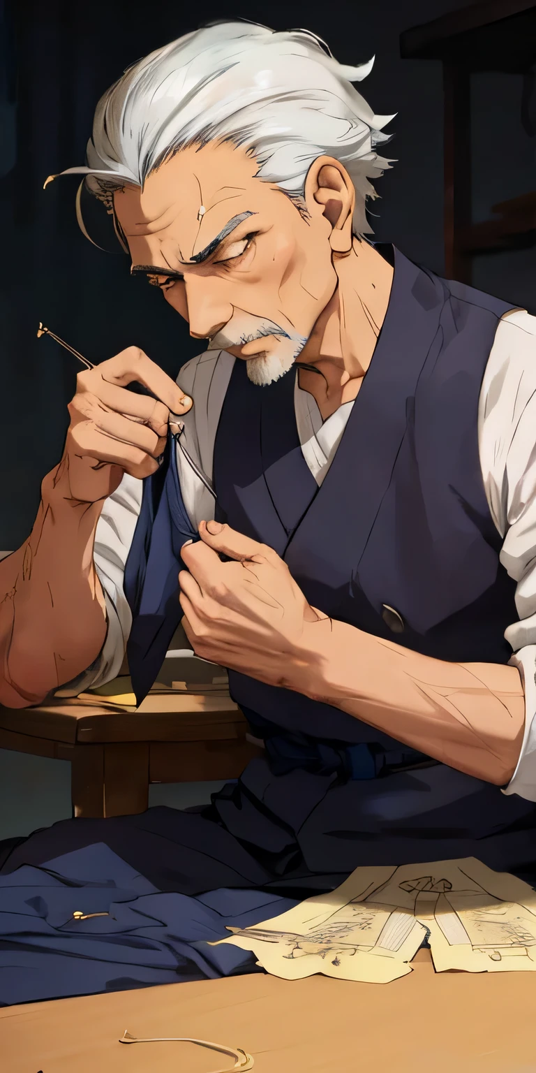 an anime-style , oldman ,depicting a tailor sewing a garment with a needle and thread. The tailor is depicted sitting with intense concentration, and the garment features intricate details that showcase the quality and precision of the work. The thread and needle may sparkle t. A simple background is placed to highlight the craftsmanship and skill of the tailor's handiwork.