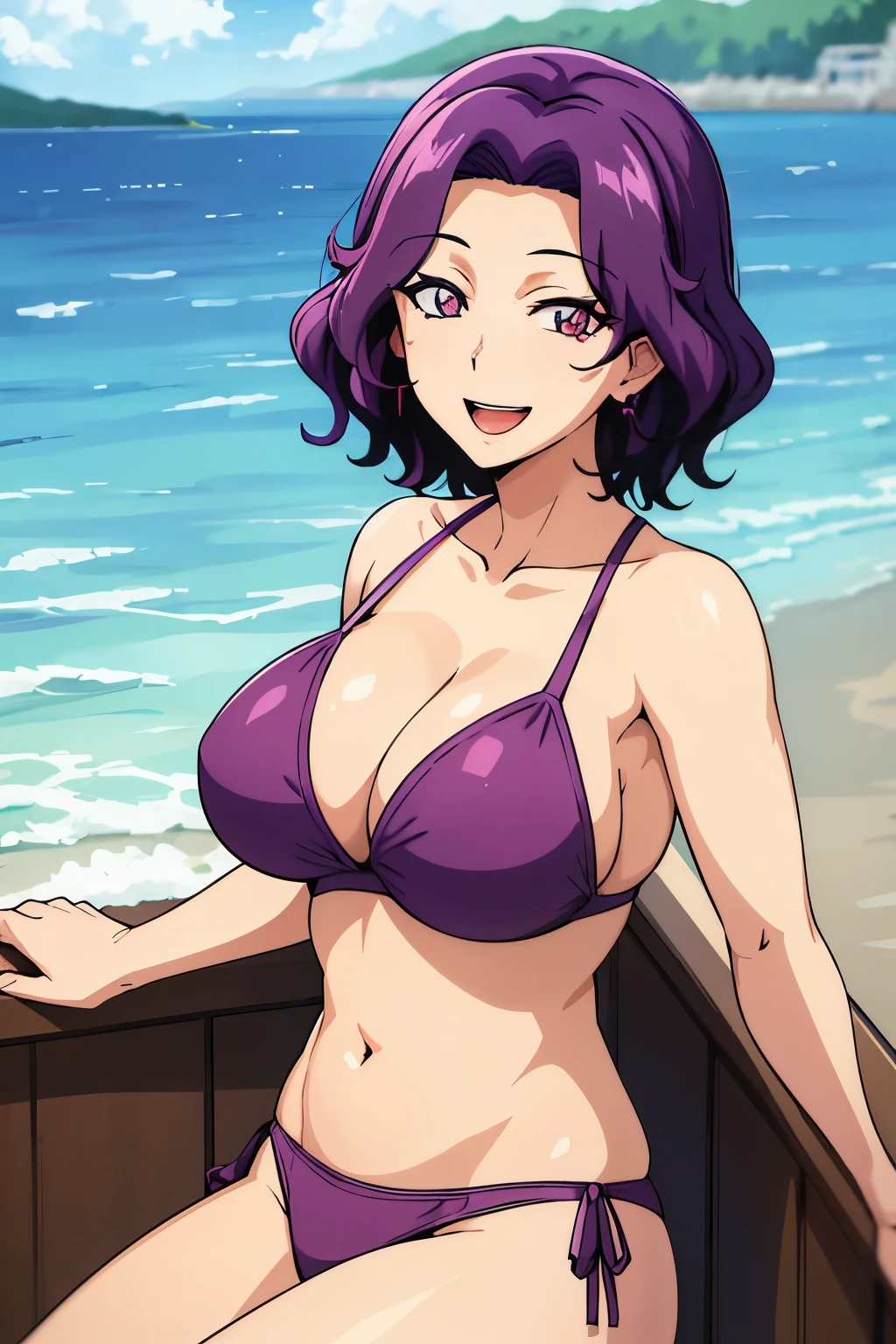 best quality, (masterpiece:1.2), highly detailed, sitting, mature woman,
1girl, solo, hamaoka azusa,
looking at the viewer, smile, open mouth,
purple eyes, purple hair, short hair, bikini