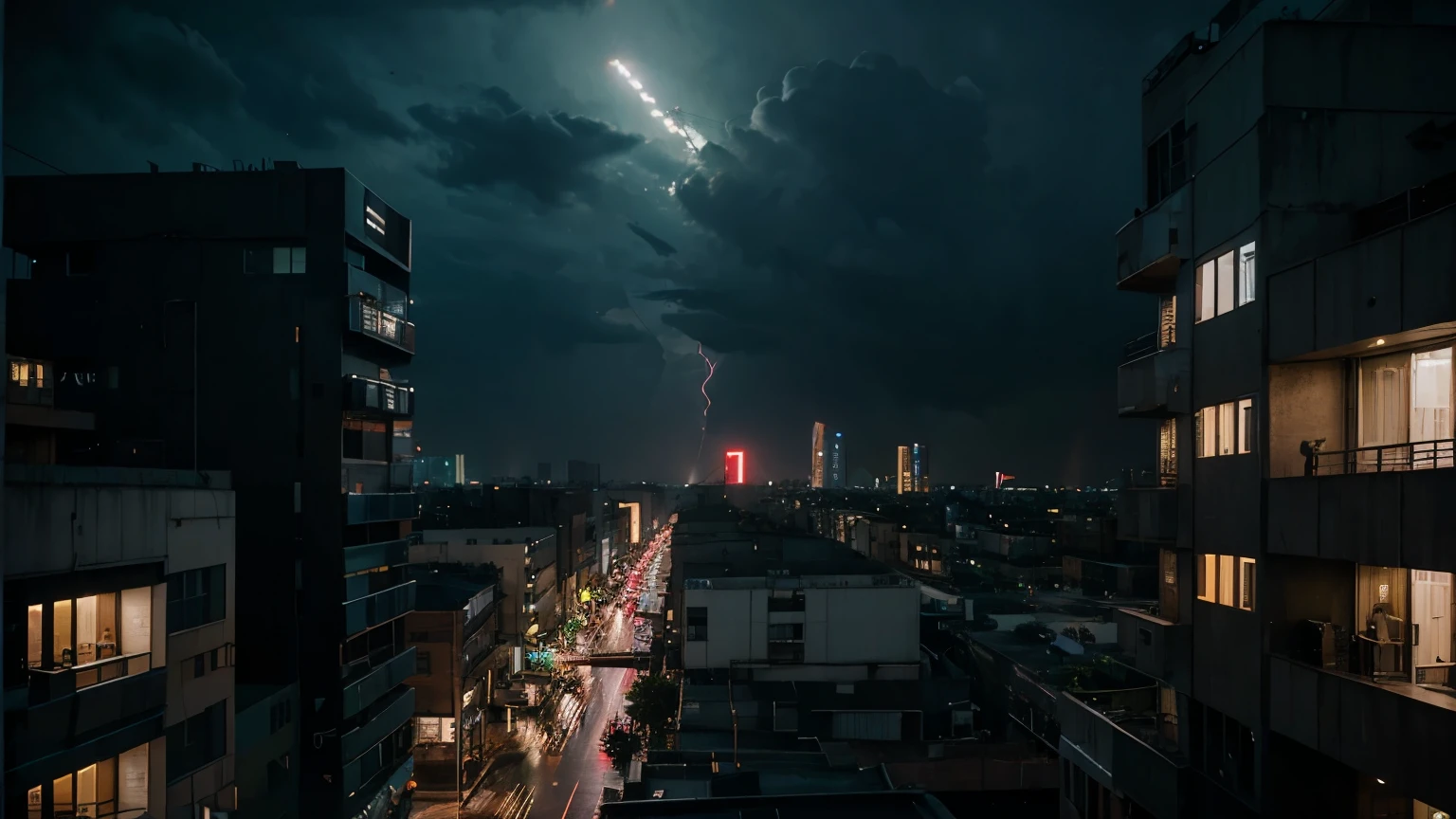 Dystopian City Street balcony view rainy night elevated neon