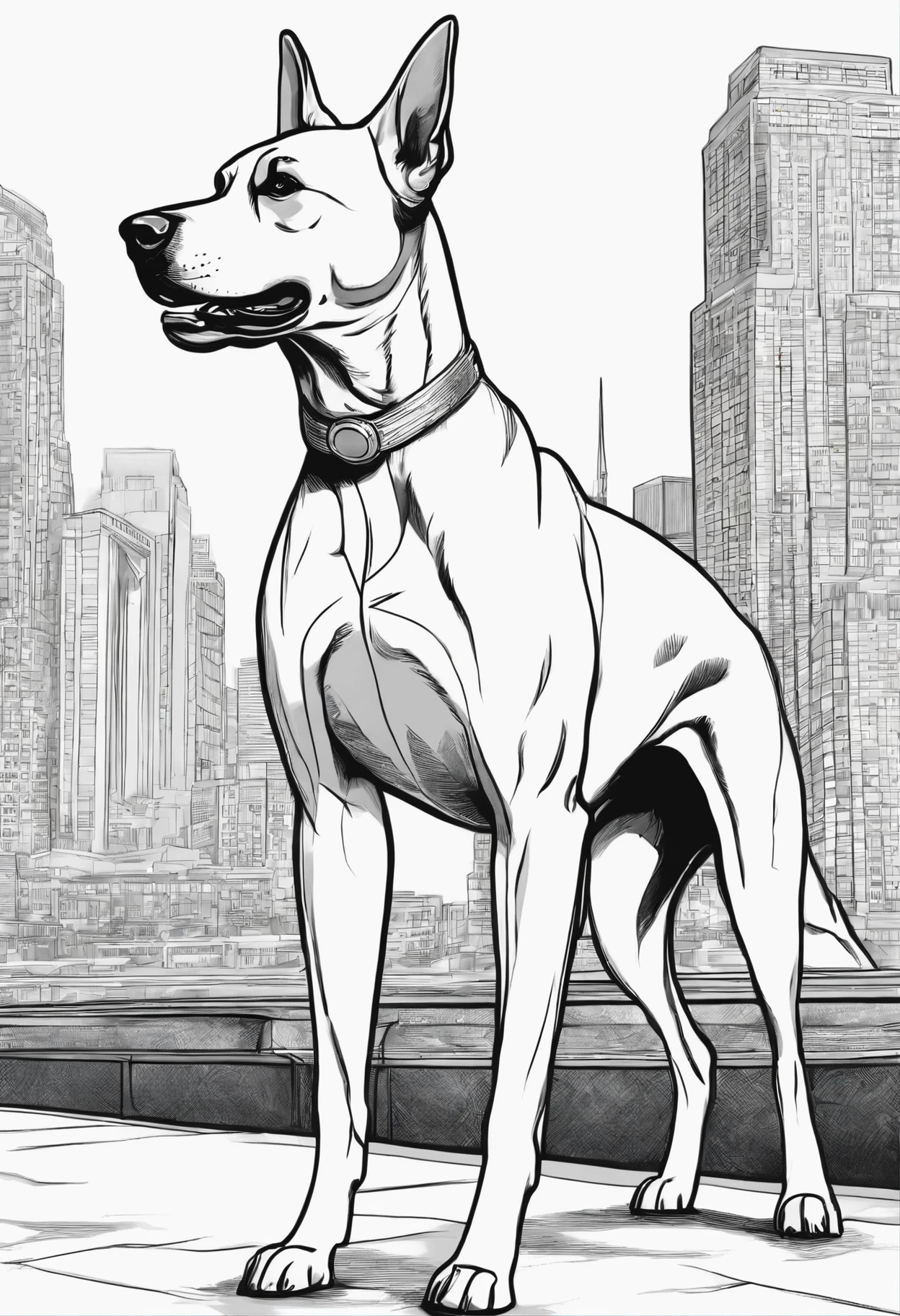 sketch of a superhero dog standing tall, ready to save the day! Ensure the details capture the essence of bravery and strength, from the determined expression to the heroic stance. Omit colors to leave room for artistic interpretation and manual coloring.