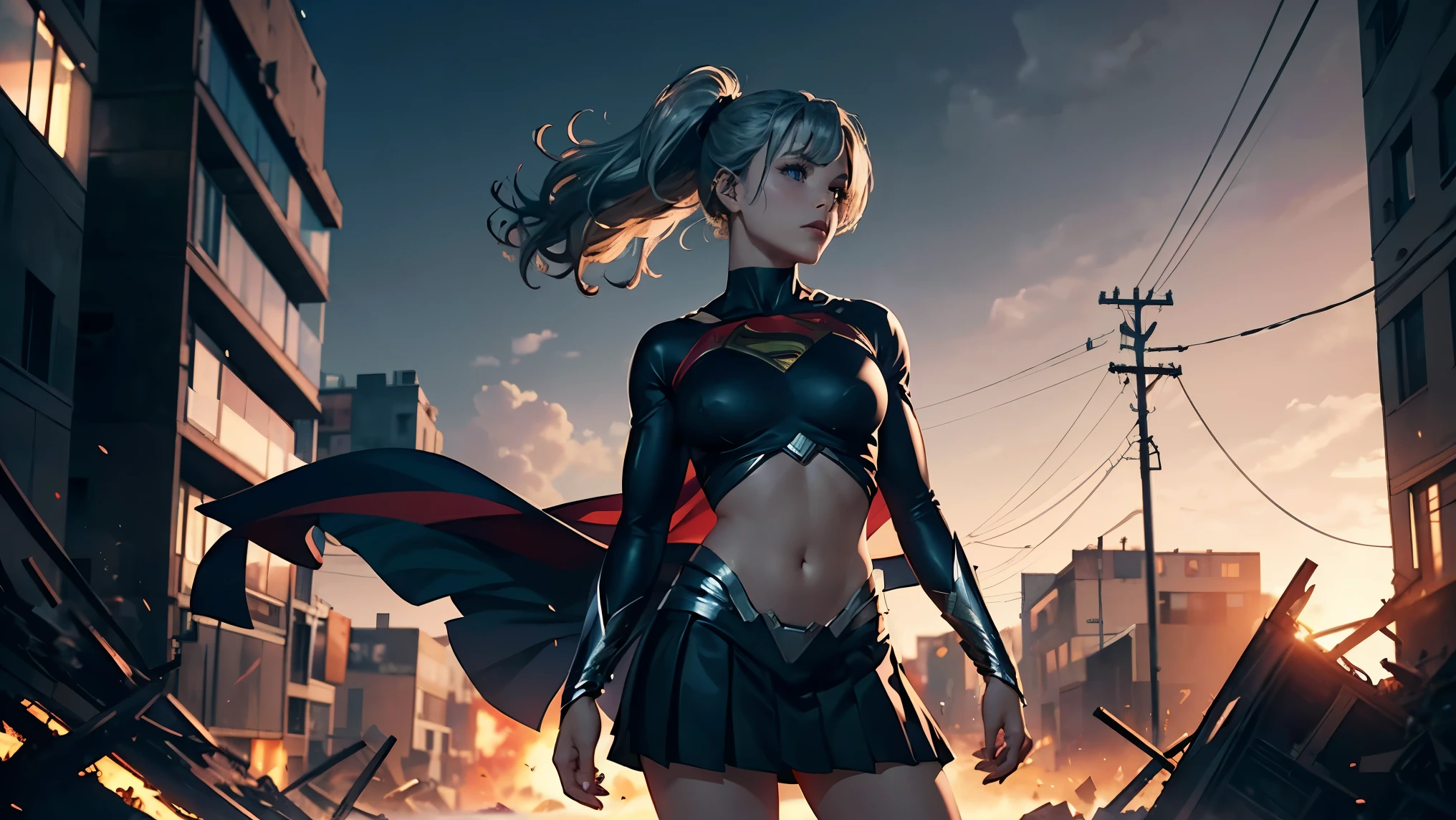 1girl, solo, action shots of female, blonde hair in a ponytail, ((wearing a skimpy revealing black and silver version of the evil superman suit man of steel)), pleated skirt, no pants, visible vagina, ((pleated skirt blowing in the wind revealing visible vagina)), 
 small breasts, boob window, (explosions in the background a city in ruins), Style-BladeRunner2049-8v Intricate, High Detail, Sharp focus, dramatic, 