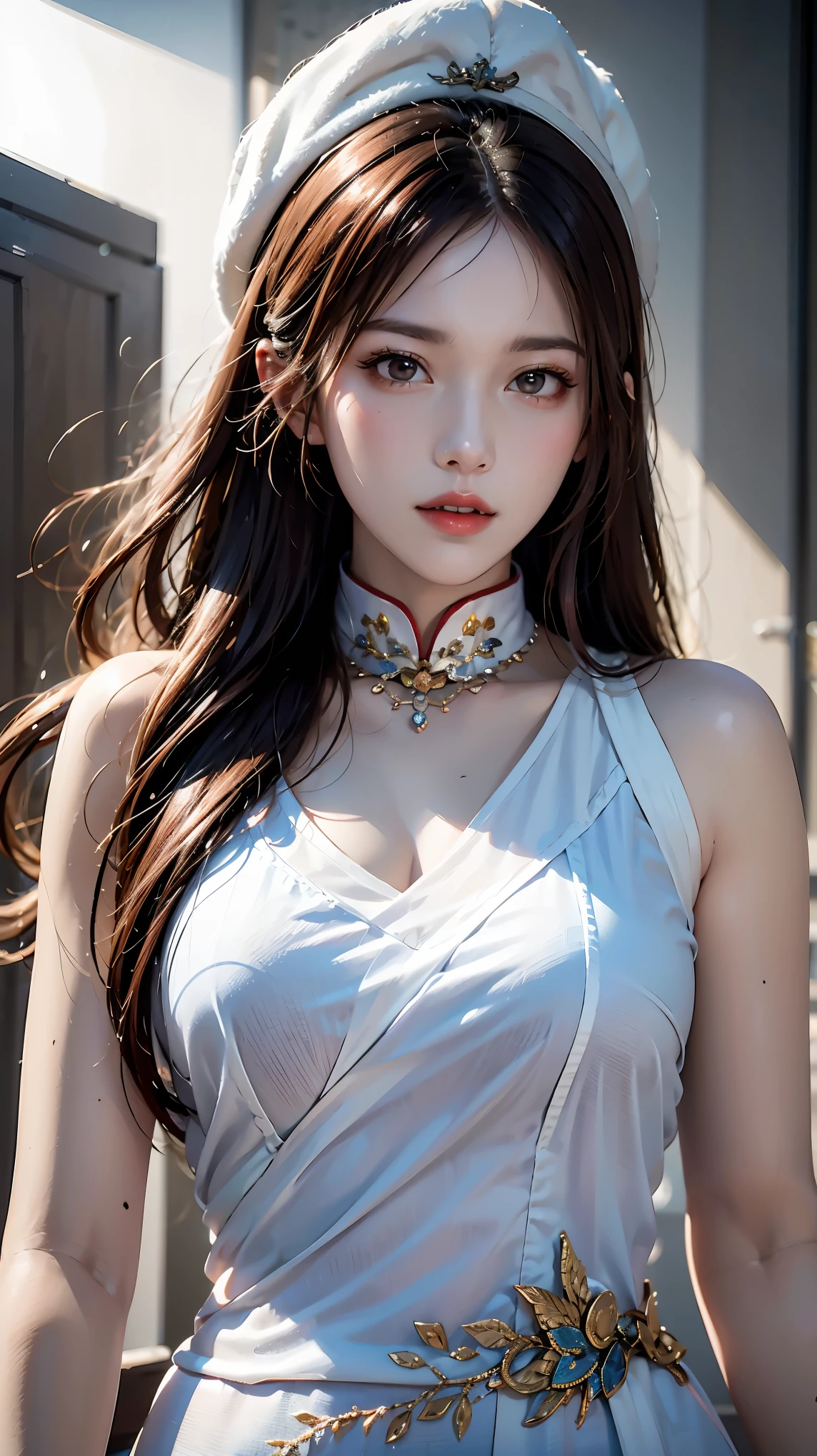 Best Quality, Masterpiece, Hi-Res, One Girl, Cheongsam, Headwear, Necklace, Jewelry, Beautiful Face, upon_body, Tyndall Effect, Photorealistic, Dark Studio, Rim Lighting, Two-Tone Lighting, (High Definition Skin: 1.2), 8k uhd, dslr, soft lighting, high quality, volumetric lighting, candid, photography, high resolution, 4k, 8k, bokeh,