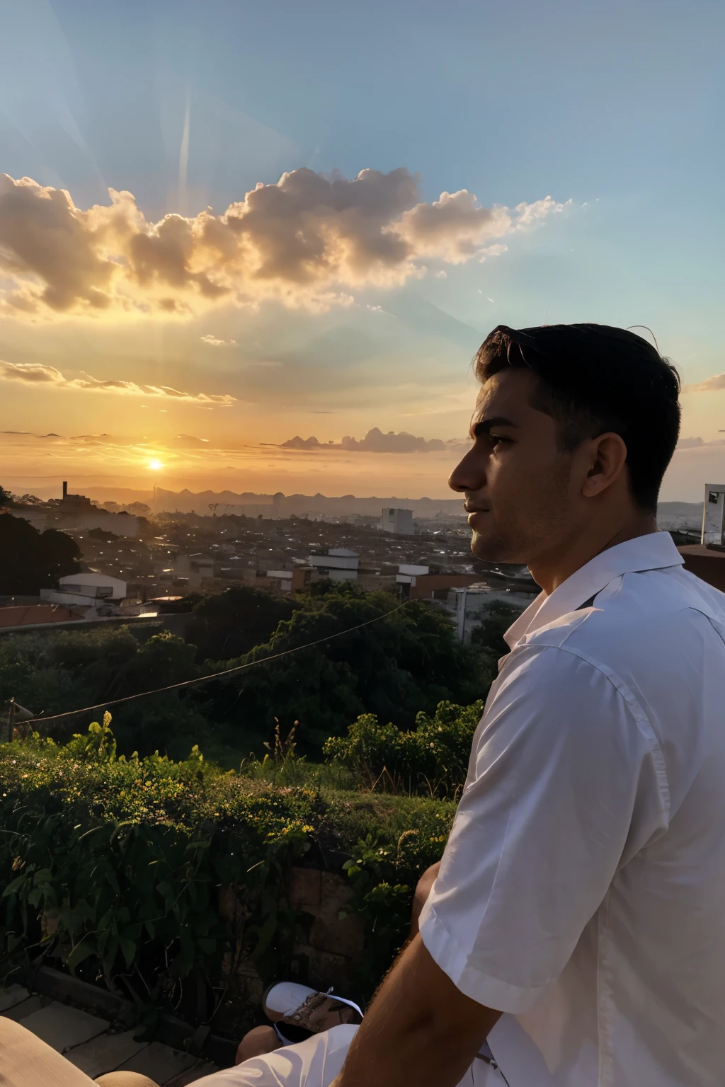 uma paisagem bonita com um por do sol, e um homem representando a prosperidade