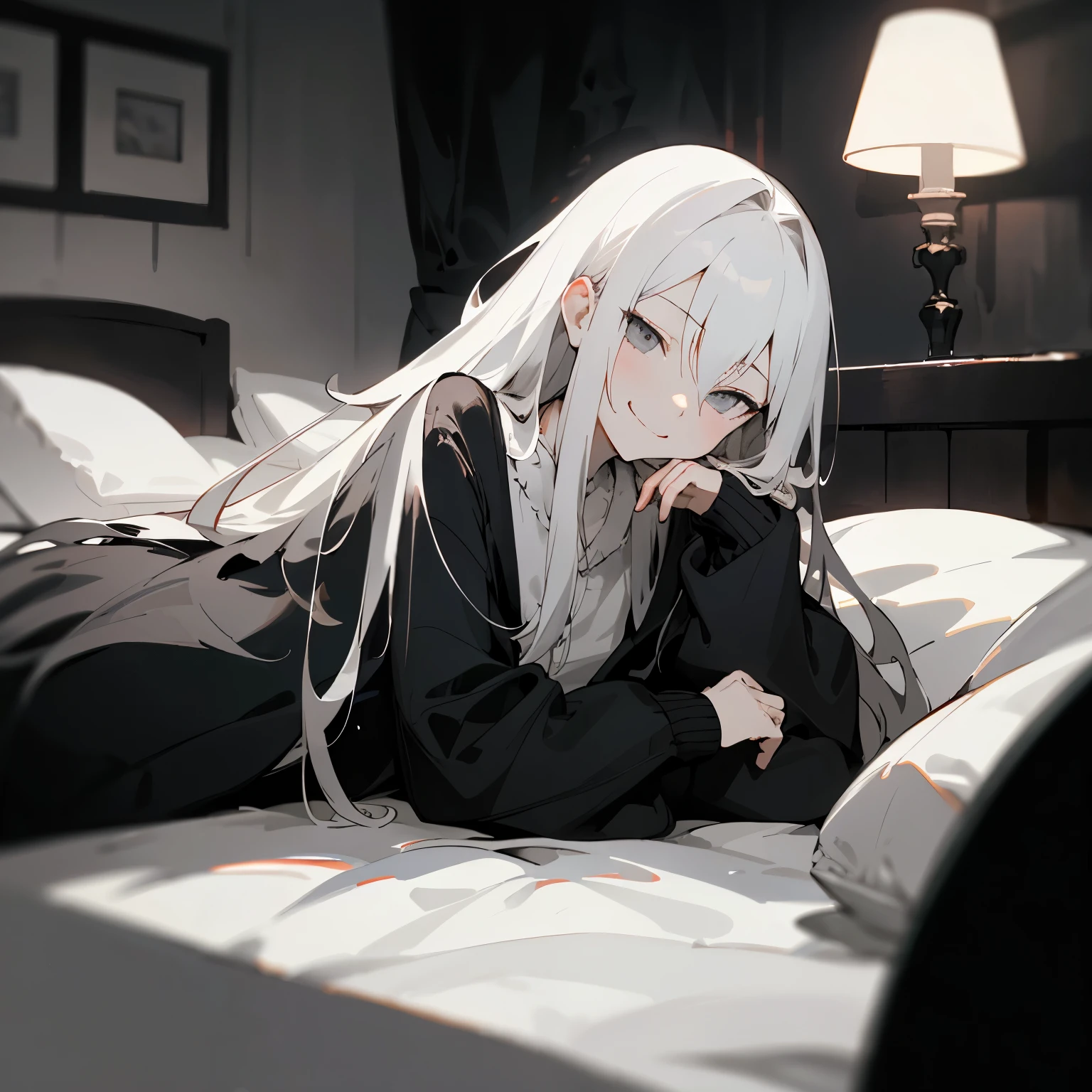 anime - style image of a woman laying on a bed with her legs crossed, loli in dress, small curvaceous loli, from girls frontline, Smooth anime CG art, Fine details. Girl Front, seductive anime girls, cute elegant pose, anime visual of a cute girl, Perfect white haired girl, anime moe art style, Anime girl in black stockings