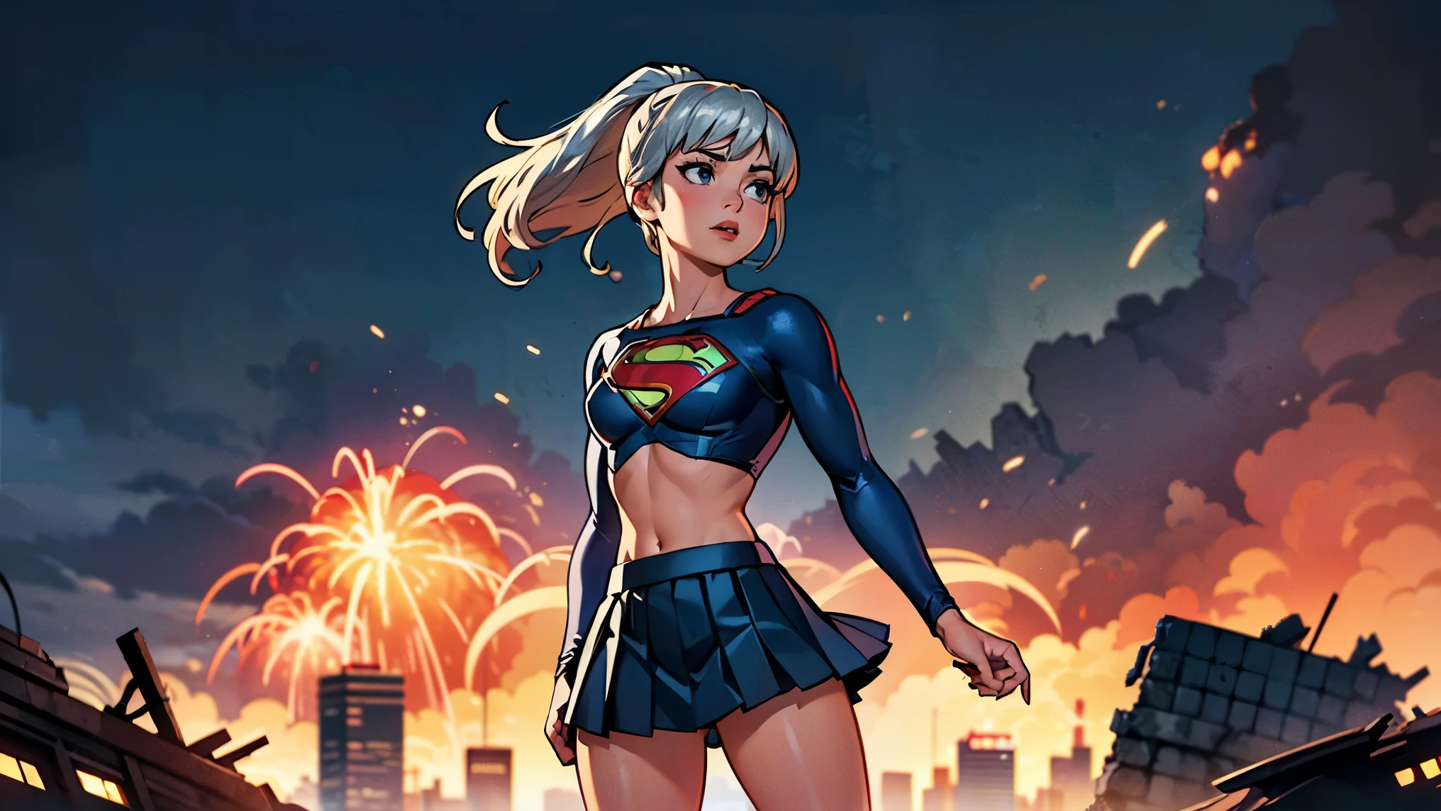 1girl, solo, action shots of female, blonde hair in a ponytail, ((wearing a skimpy revealing black and silver version of the evil superman suit man of steel)), pleated skirt, no pants, ((pleated skirt blowing in the wind revealing visible vagina)), visible vagina,
small breasts, boob window, (explosions in the background a city in ruins), Style-BladeRunner2049-8v Intricate, High Detail, Sharp focus, dramatic,