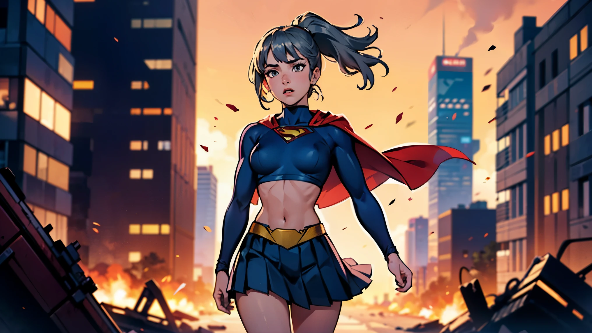 1girl, solo, action shots of female, blonde hair in a ponytail, ((wearing a skimpy revealing black and silver version of the evil superman suit man of steel)), pleated skirt, no pants, ((pleated skirt blowing in the wind revealing visible vagina)), visible vagina, 
 small breasts, boob window, (explosions in the background a city in ruins), Style-BladeRunner2049-8v Intricate, High Detail, Sharp focus, dramatic, 