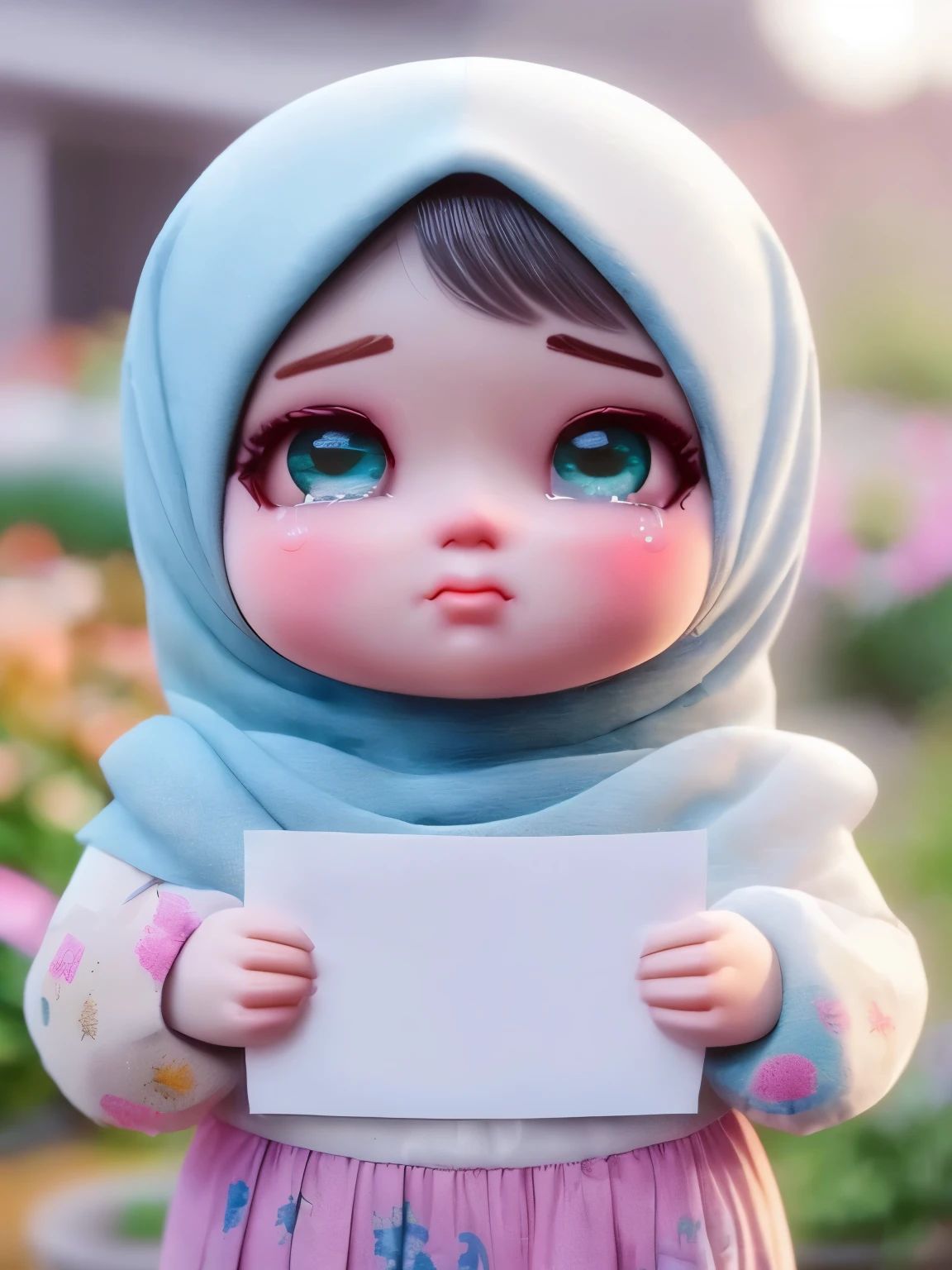 a close up of a doll holding a paper in her hands, sad smile expression, with a sad expression, cute cartoon, cute expression, is totally sad and cries, very sad emotion, cute cartoon character, thoughtful expression, sad, cute 3 d render, sad exasperated expression, emotional picture, sad kawaii face, adorable digital painting, sad mood, cute digital art