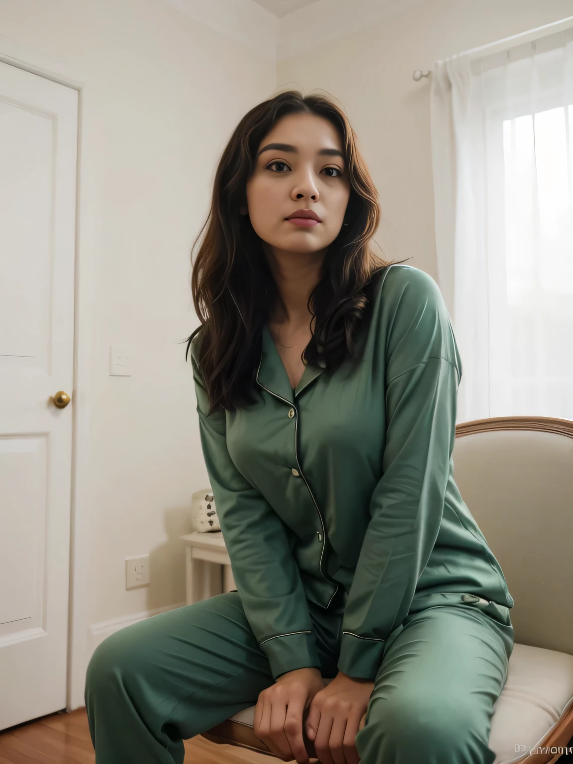 (extremely detailed, best quality) Zahra Ayu 23 years old 160cm 55kg wearing green pajamas, short wavy hair. Bright face. sit in a chair inside a room. Big breast jumbo. bright photo. 