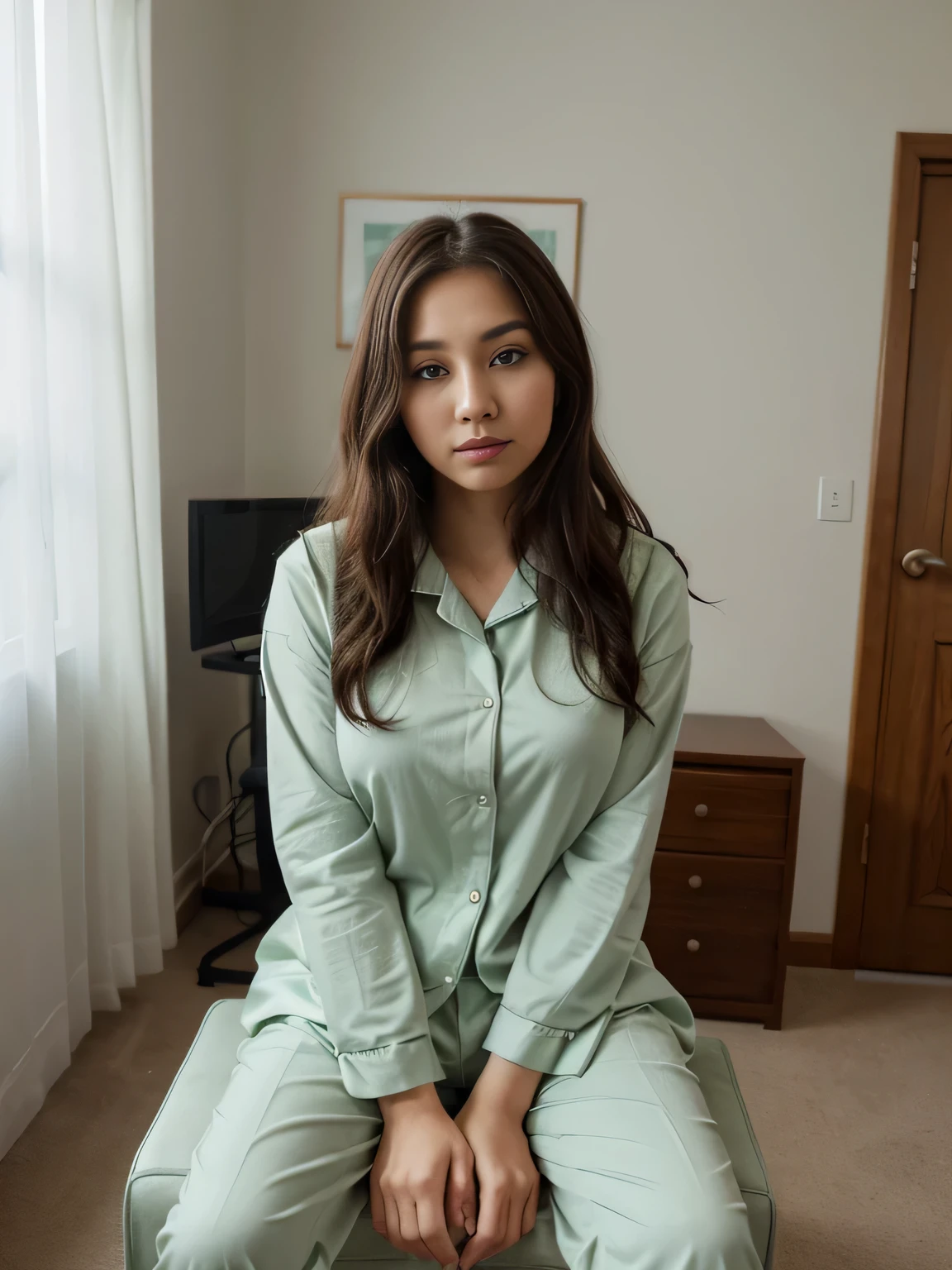(extremely detailed, best quality) Zahra Ayu 23 years old 160cm 55kg wearing green pajamas, short wavy hair. Bright face. sit in a chair inside a room. Big breast jumbo. bright photo. 