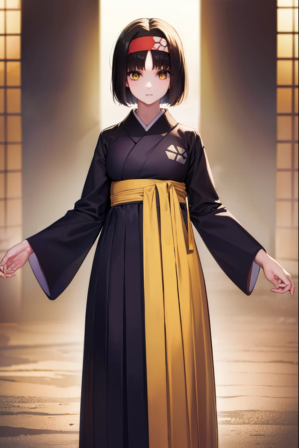 pokemonerika, pokemonerika, (yellow eyes:1.5), black hair, headband, short hair,
BREAK japanese clothes, kimono, hakama, red hakama, long sleeves, wide sleeves,
BREAK looking at viewer, upper body, full body, (cowboy shot:1.5),
BREAK outdoors, shrine,
BREAK (masterpiece:1.2), best quality, high resolution, unity 8k wallpaper, (illustration:0.8), (beautiful detailed eyes:1.6), extremely detailed face, perfect lighting, extremely detailed CG, (perfect hands, perfect anatomy),