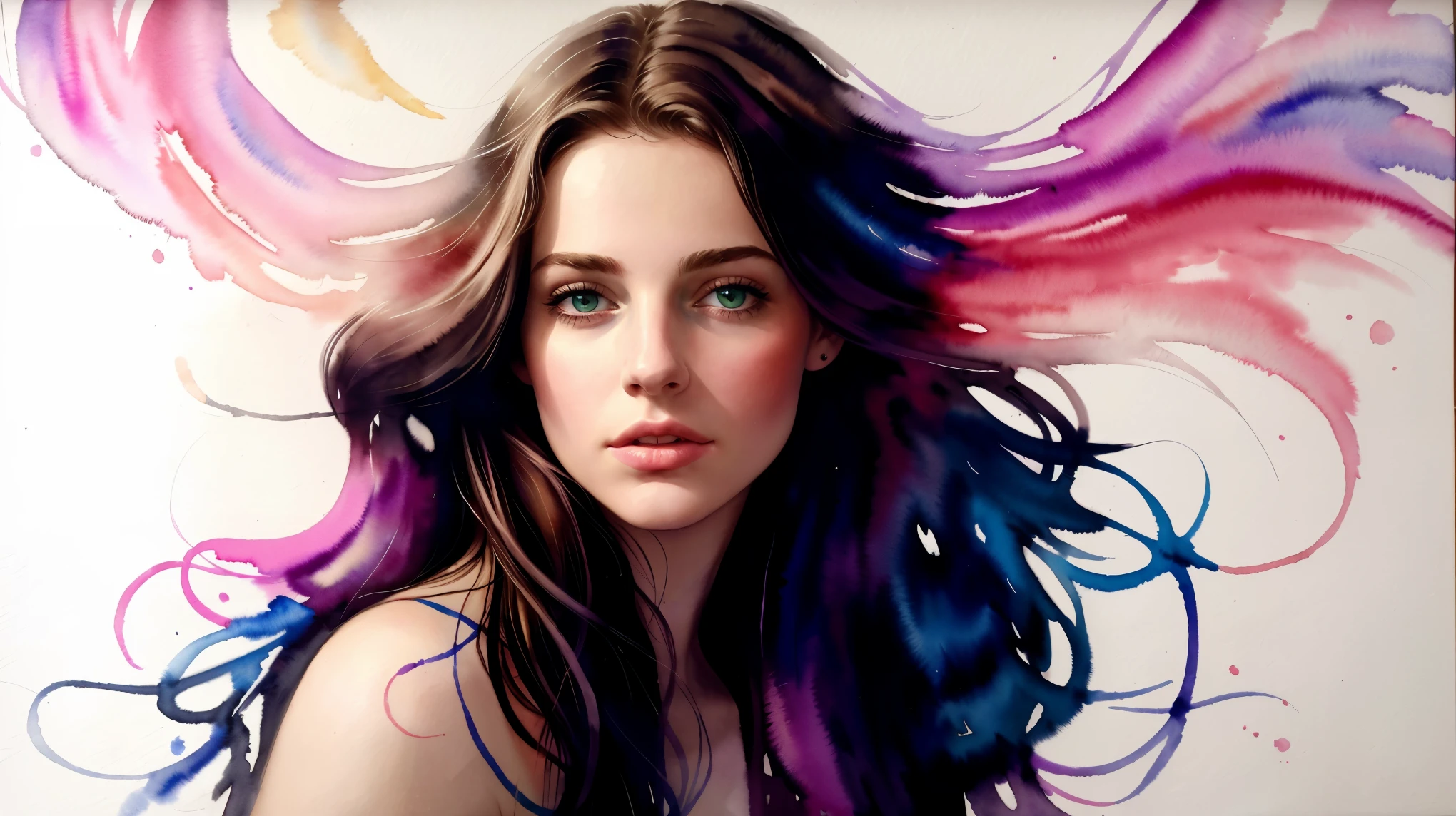 (8k, best quality, masterpiece:1.2),(best quality:1.0), (ultra highres:1.0), watercolour, a beautiful 22 year old french girl with messy shoulder length hair, dark themed hair ribbons, by agnes cecile, half body portrait, extremely luminous bright design, pastel colours, (ink:1.3), autumn lights, black themed