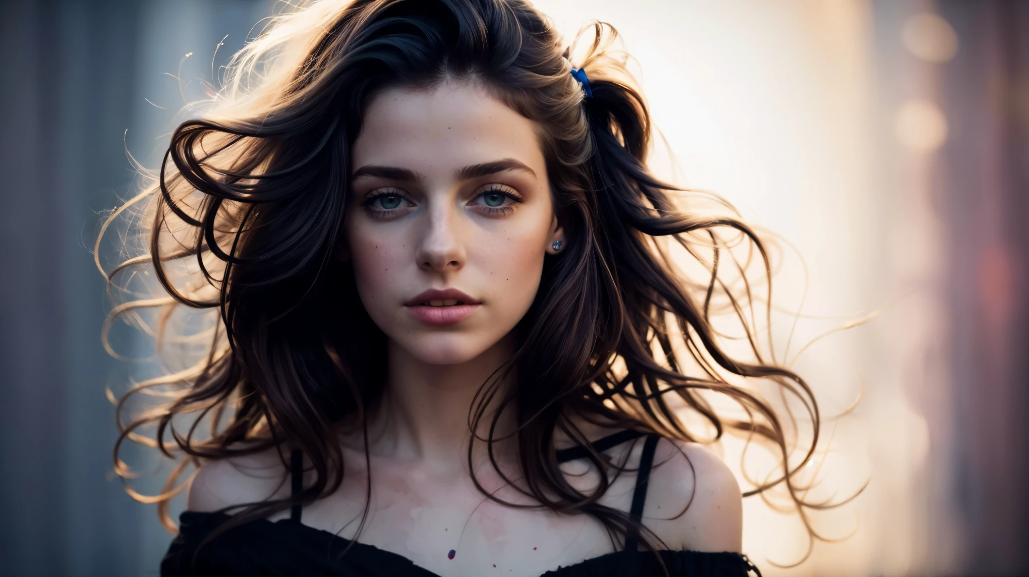 (8k, best quality, masterpiece:1.2),(best quality:1.0), (ultra highres:1.0), watercolour, a beautiful 22 year old french girl with messy shoulder length hair, dark themed hair ribbons, by agnes cecile, half body portrait, extremely luminous bright design, pastel colours, (ink:1.3), autumn lights, black themed
