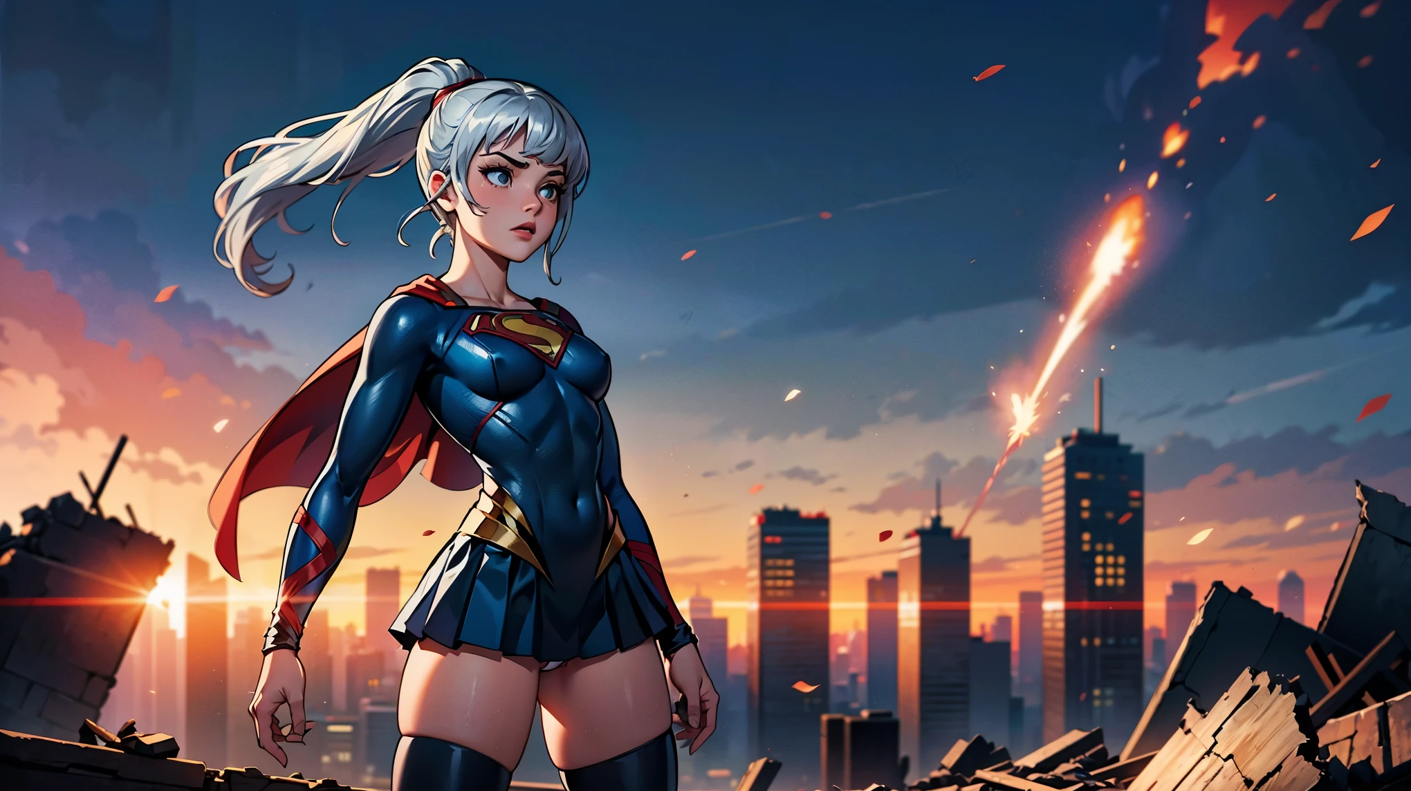 1girl, solo, action shots of female, fighting doomsday, blonde hair in a ponytail, ((wearing a skimpy revealing black and silver version of the evil superman suit man of steel)), pleated skirt, no pants, pleated skirt blowing in the wind revealing visible vagina,
small breasts, boob window, (explosions in the background a city in ruins), Style-BladeRunner2049-8v Intricate, High Detail, Sharp focus, dramatic,