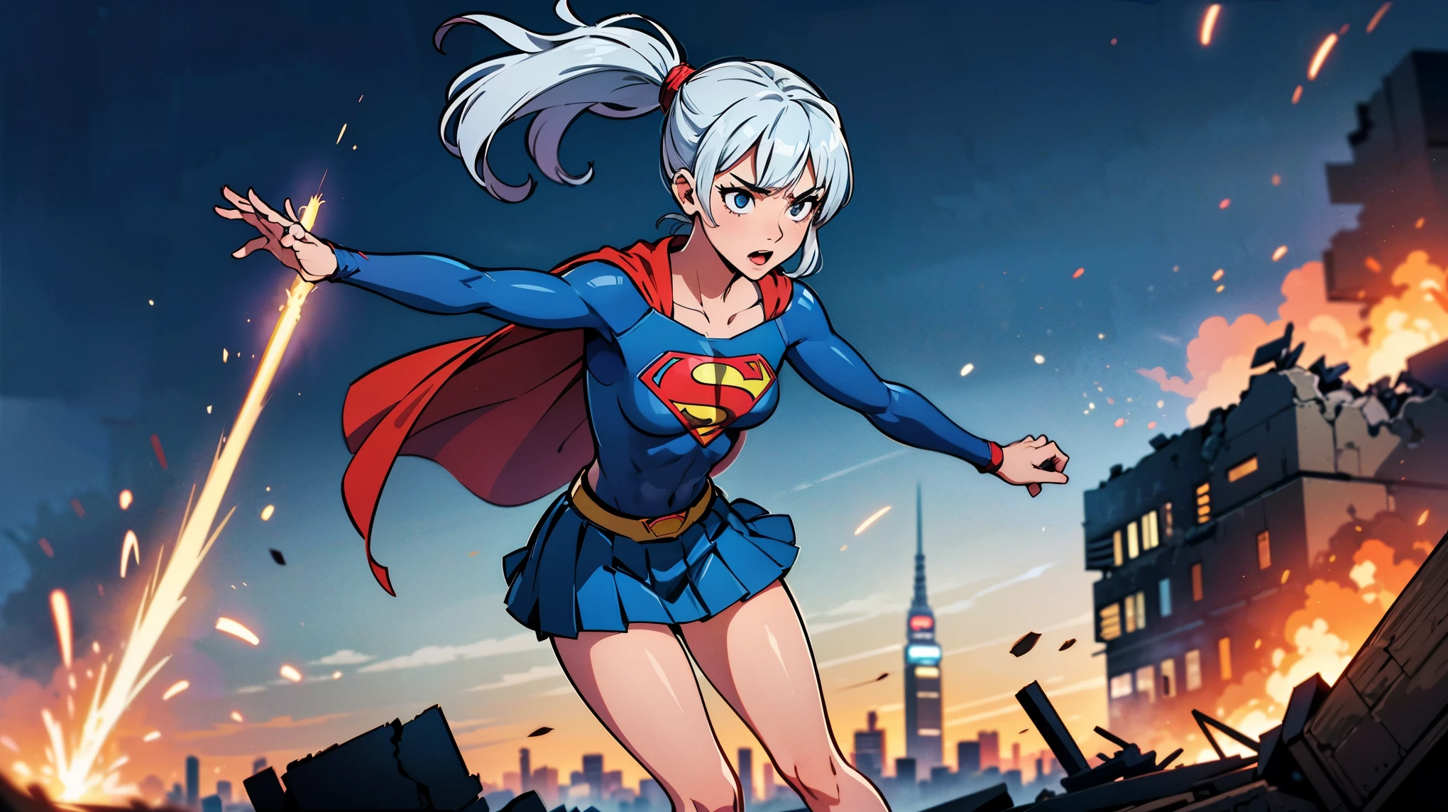 1girl, solo, action shots of female, fighting doomsday, blonde hair in a ponytail, ((wearing a skimpy revealing black and silver version of the evil superman suit man of steel)), pleated skirt, no pants, pleated skirt blowing in the wind revealing visible vagina,
small breasts, boob window, (explosions in the background a city in ruins), Style-BladeRunner2049-8v Intricate, High Detail, Sharp focus, dramatic,