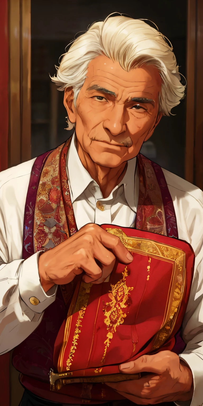 elderly man holding a luxurious piece of fabric in his hand. The man is depicted with wisdom and dignity, and his expression reflects years of experience in the textile industry. The fabric he holds is rich and elegant, with intricate patterns and textures that suggest its high quality. The man's presence exudes a sense of authority and mastery in his craft, making the viewer appreciate the beauty and significance of the fabric he holds