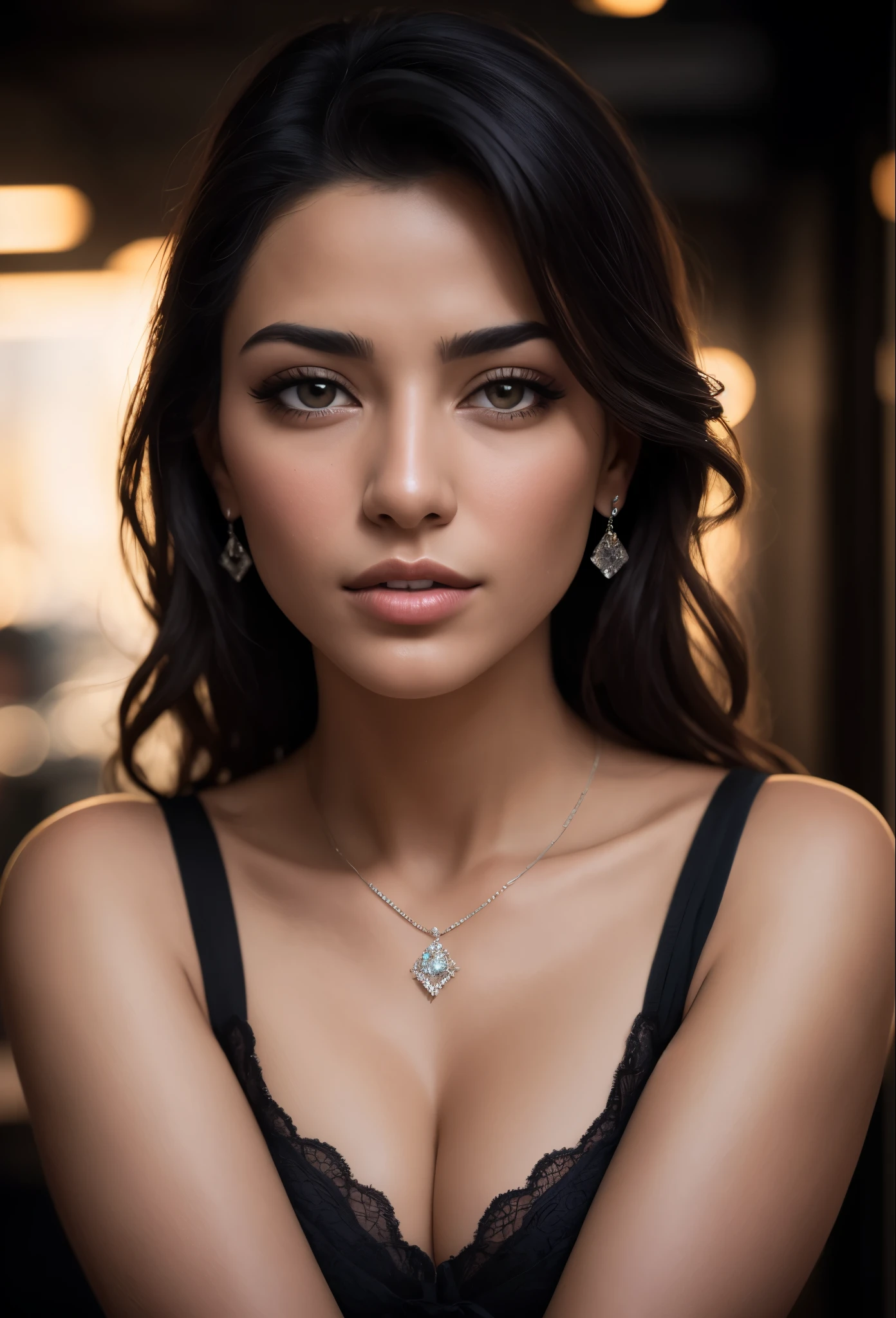 Masterpiece,closeup portrait photography , beautiful iranian persian sexy girl, dark hair , uptown, cleavage, thin detailed black eyes, thin eyebrows, perfect tiny nose, diamond earrings, long eyelashes, cat eye makeup , bold jawline , very detailed, dramatic lighting, digital art trends on Artstation 8k HD detailed realistic, detailed, skin texture, super detailed, realistic skin texture, armature, best quality, super high reidelity: 1.4), high resolution, detailed, raw photo, sharp re, by lee jeffries nikon d850 film stock photograph 4 kodak portra 400 camera f1.6 lens rich colors hyper realistic lifelike texture dramatic lighting unrealengine trending on artstation cinestill 800 ,