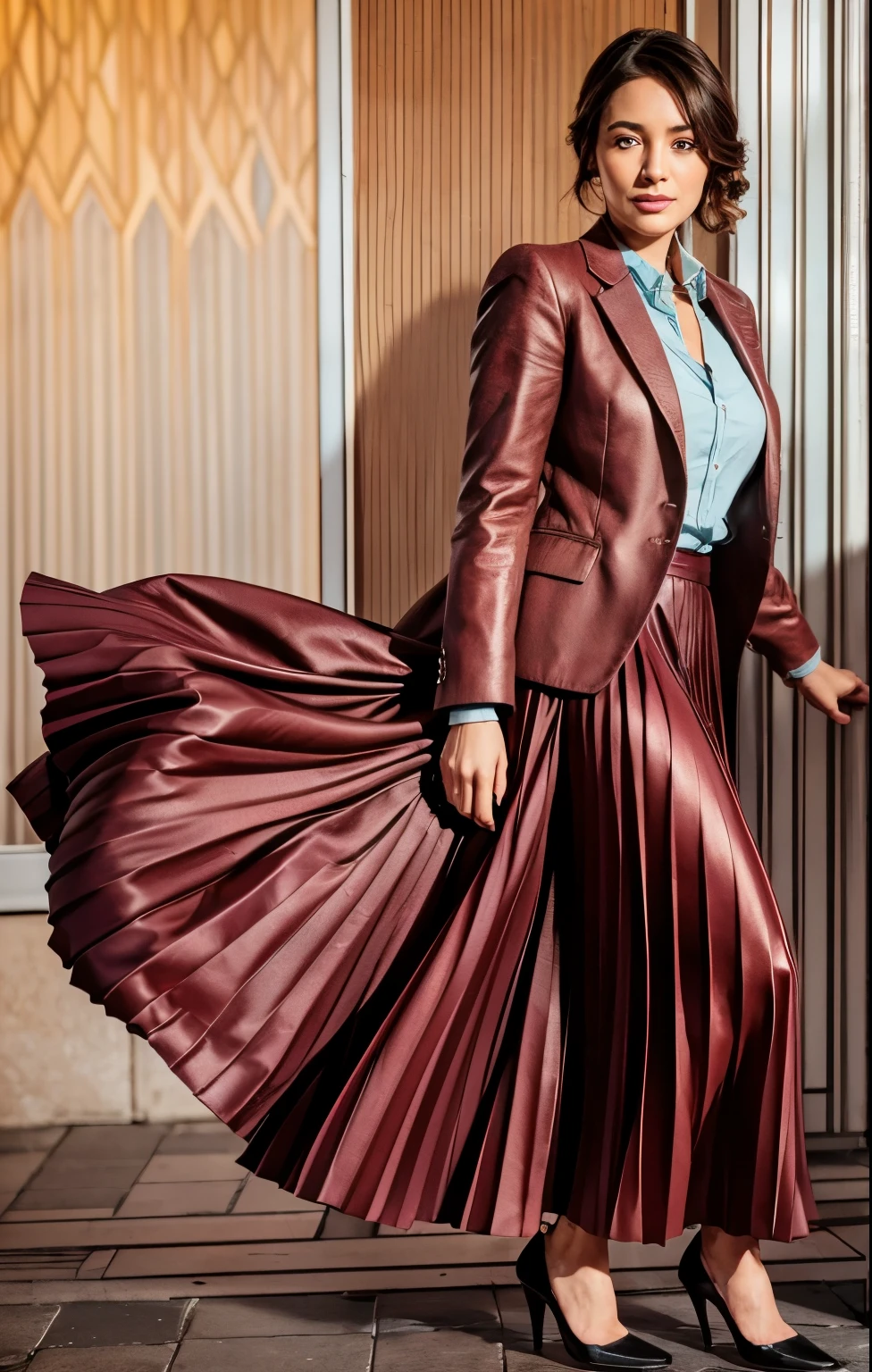 A smiling, authentic, (shy:1,3), kind, beautiful woman, in love with her skirt, while wind lifts her skirt, wearing short blazer and very very detailed (long (fully pleated) full circle skirt) and (simple) low heeled office shoes, very very intricate hyper-detailed symmetric (attractive graceful young feminine face) with (sad, tired eyes and a shy smile), large breasts, full of empathy and compassion and love, (pronounced (feminine) features), (highly detailed ultra accurate realistic) hands and fingers, (windy), epic composition, highly detailed attributes, (35mm f1.4 Kodak portra 400 photograph), extremely high quality RAW photograph, highly detailed atmosphere, sci-fi, cinematic shot, dynamic lighting, 75mm, Technicolor, Panavision, cinemascope, sharp focus, fine details, 8k, HDR, realism, realistic, key visual, film still, superb cinematic color grading, depth of field