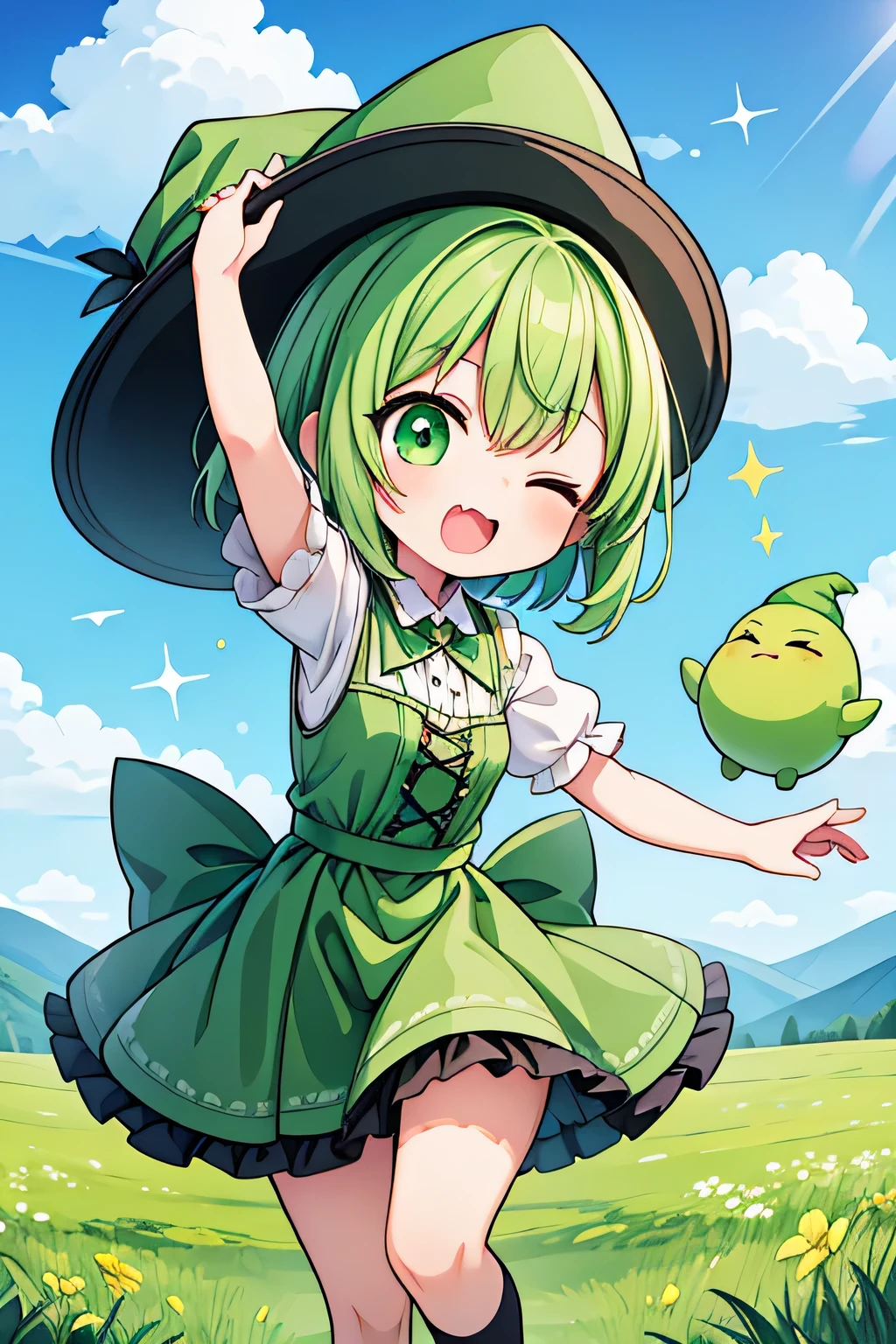 Chica con pelo corto verde, ropa de bruja verde, sombrero puntiagudo verde, animado, moe, Dibujos animados, Ojos cerrados, magic meadow background, mostrando colmillo, presumido
