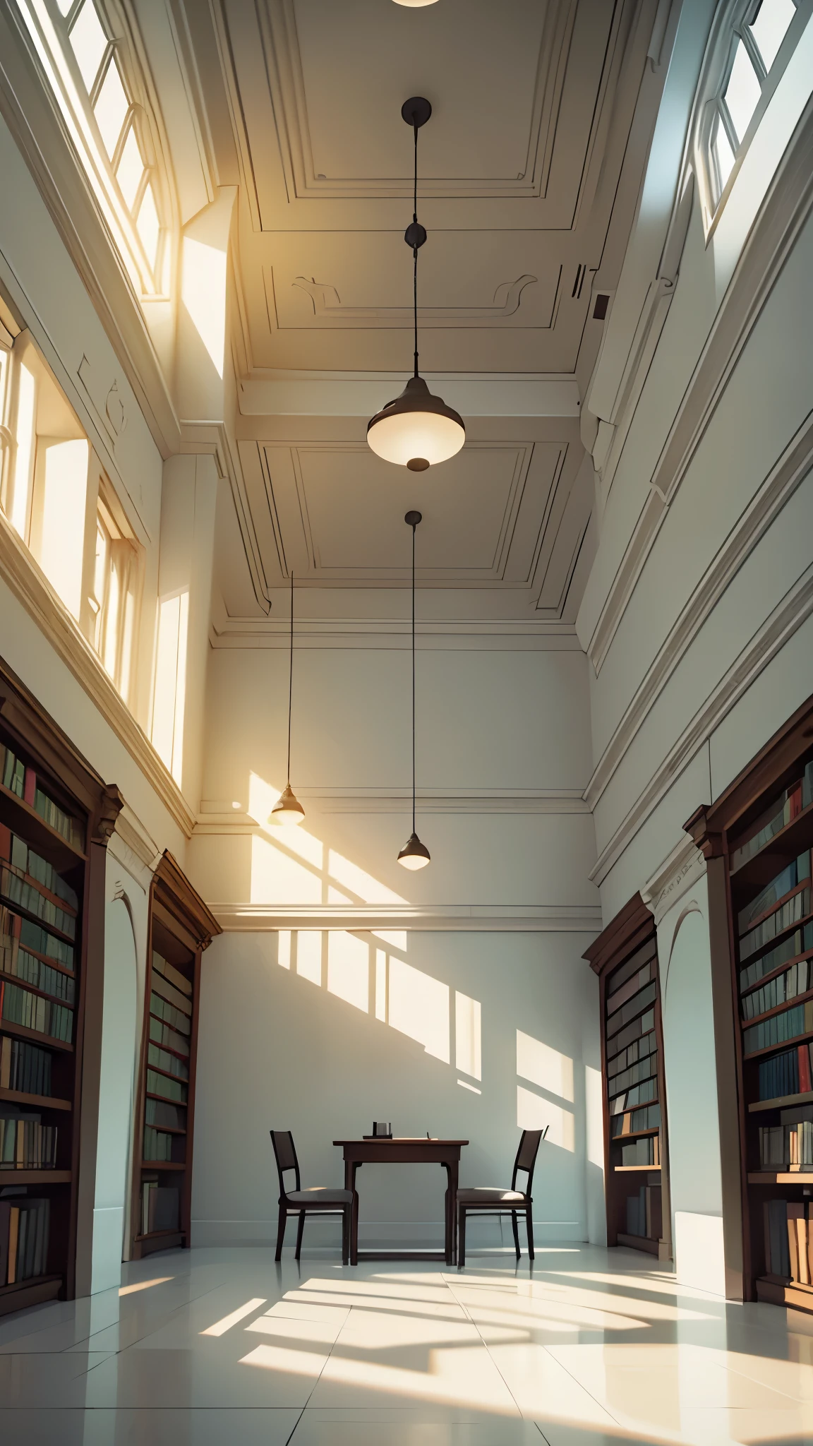podcast symmetrical minimalist room with a table in the center with no chairs, one library at one side, only one light hanging from the ceiling, white walls, no windows, no shadows, high quality, high detail