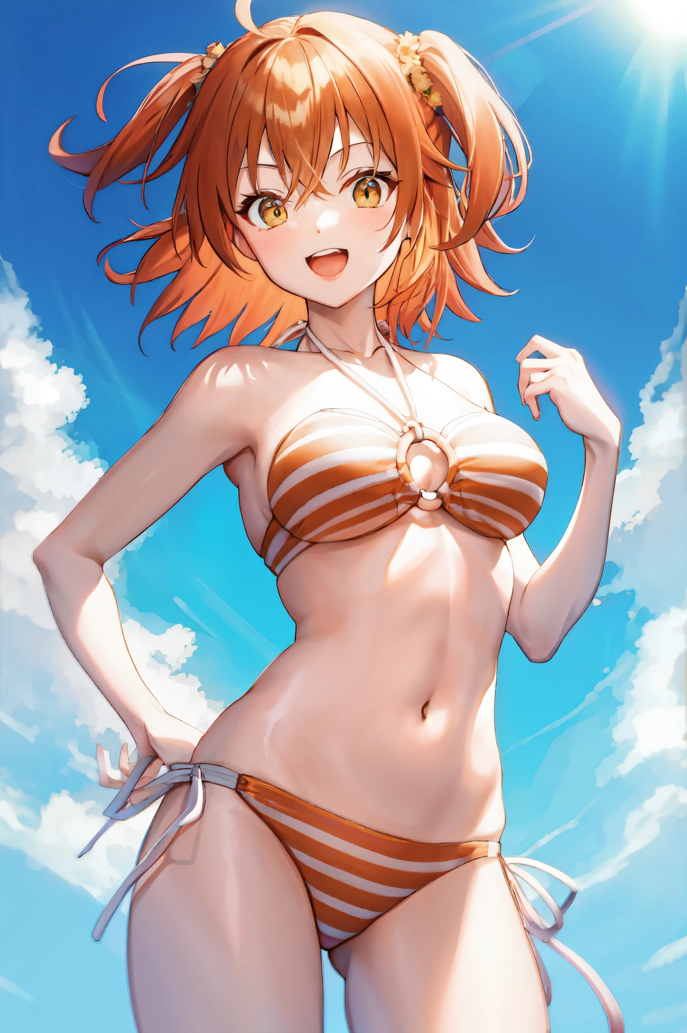 masterpiece, best quality, gudako, solo, (halterneck,striped bikini,orange bikini,o-ring), (o-ring bikini)