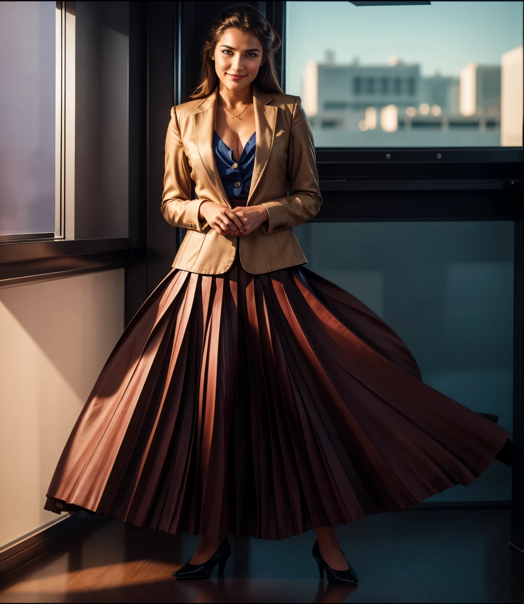 A smiling, authentic, (shy:1,3), kind, beautiful woman, completely alone in an empty space station, in love with her skirt, standing while wind lifts her skirt, wearing short blazer and very very detailed (long (fully pleated) full circle skirt) and (simple) low heeled office shoes, very very intricate hyper-detailed symmetric (attractive graceful young feminine face) with (sad, tired eyes and a shy smile), large breasts, full of empathy and compassion and love, (pronounced (feminine) features), (highly detailed ultra accurate realistic) hands and fingers, (windy), epic composition, highly detailed attributes, (35mm f1.4 Kodak portra 400 photograph), extremely high quality RAW photograph, highly detailed atmosphere, sci-fi, cinematic shot, dynamic lighting, 75mm, Technicolor, Panavision, cinemascope, sharp focus, fine details, 8k, HDR, realism, realistic, key visual, film still, superb cinematic color grading, depth of field