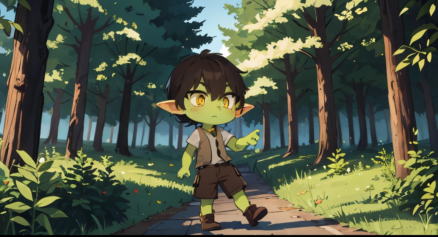 boy, goblin, green skin, yellow eyes, dark hair, T-shirt, light brown vest, dark brown shorts, black boots