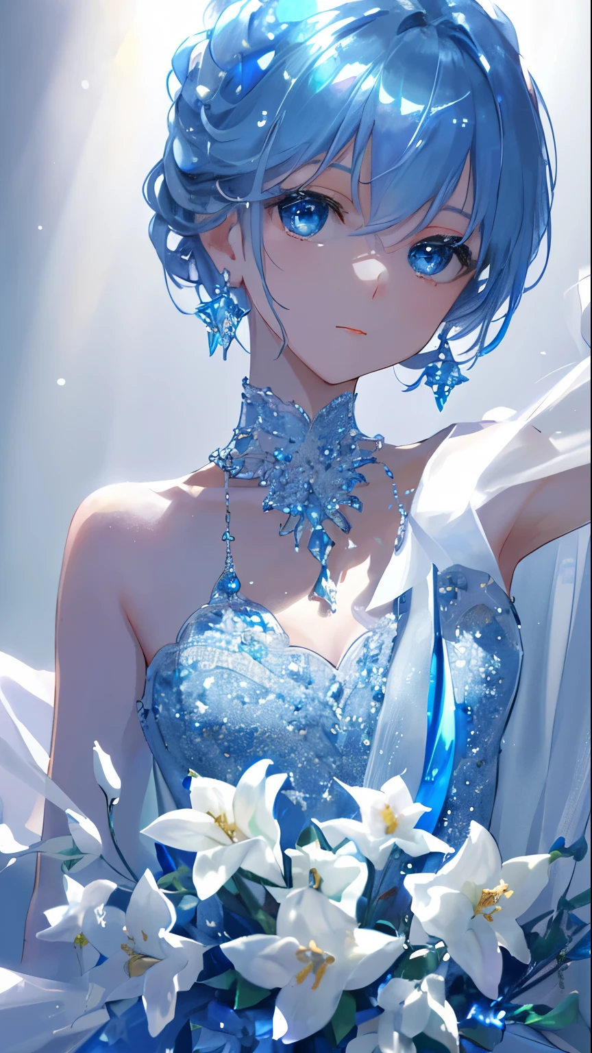 masterpiece, best quality, illustration, sax blue, platinum earrings, platinum necklace, white dress, 1girl, cute, (dynamic lighting:1.2), cinematic lighting, delicate facial features, detailed eyes, sharp pupils, realistic pupils, depth of field, bokeh, sharp focus, (hyper-detailed, bloom, glow:1.4), many small gems