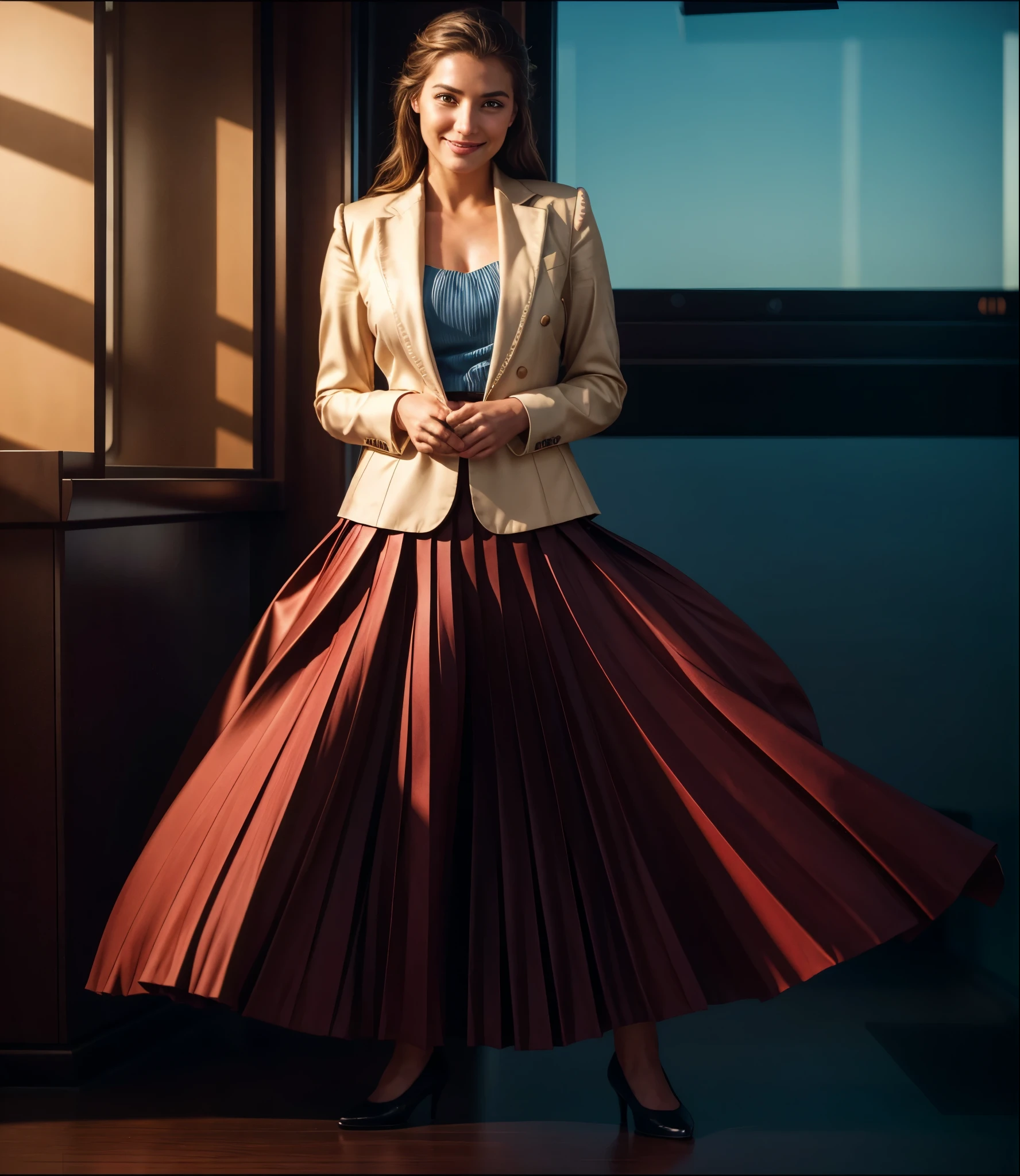 A smiling, authentic, (shy:1,3), kind, beautiful woman, completely alone in an empty space station, in love with her skirt, standing while wind lifts her skirt, wearing short blazer and very very detailed (long (fully pleated) full circle skirt) and (simple) low heeled office shoes, very very intricate hyper-detailed symmetric (attractive graceful young feminine face) with (sad, tired eyes and a shy smile), large breasts, full of empathy and compassion and love, (pronounced (feminine) features), (highly detailed ultra accurate realistic) hands and fingers, (windy), epic composition, highly detailed attributes, (35mm f1.4 Kodak portra 400 photograph), extremely high quality RAW photograph, highly detailed atmosphere, sci-fi, cinematic shot, dynamic lighting, 75mm, Technicolor, Panavision, cinemascope, sharp focus, fine details, 8k, HDR, realism, realistic, key visual, film still, superb cinematic color grading, depth of field