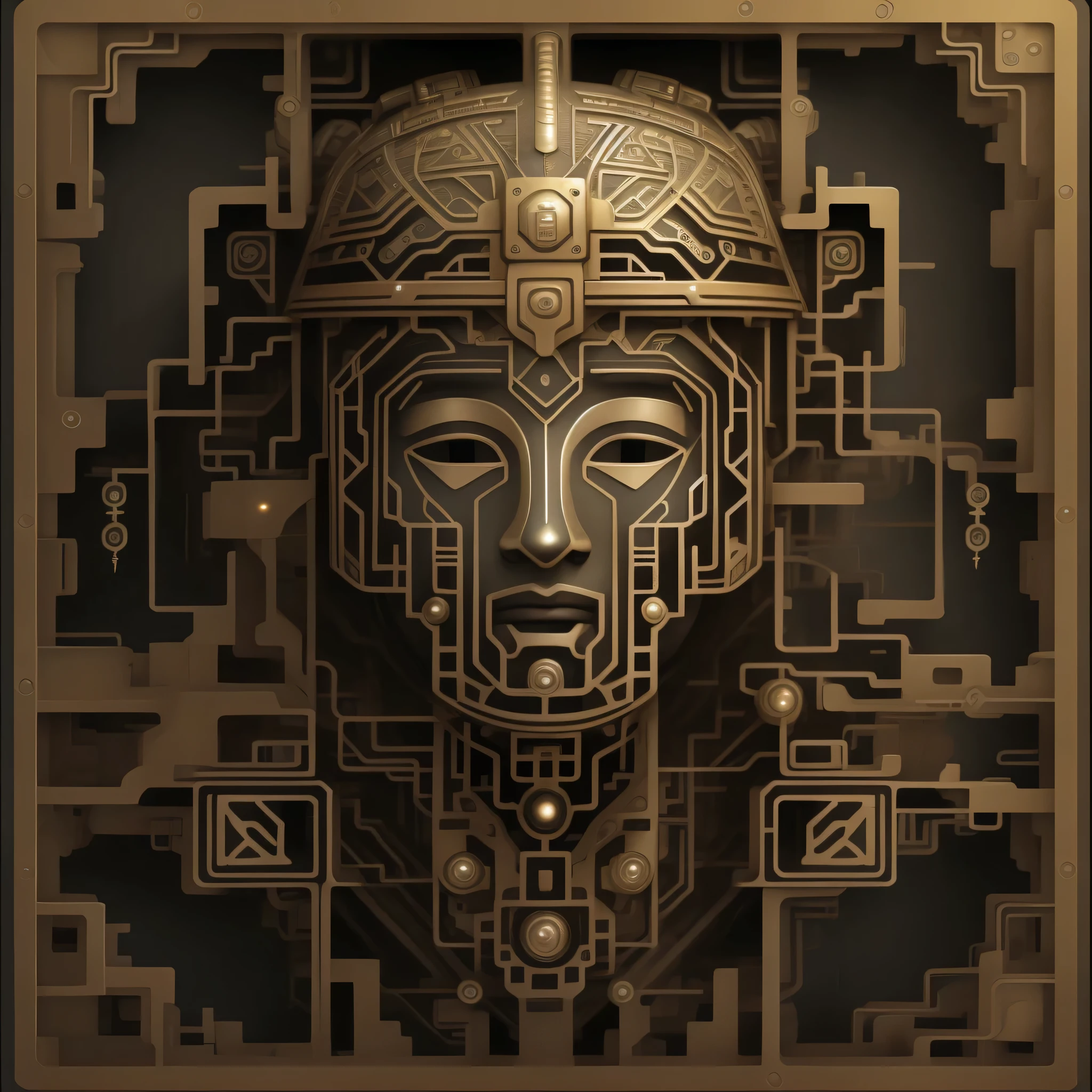 a golden mask on a black background with a pattern, portrait of metallic face, detailed Symmetrical face, intrincado rosto detalhado, symmetical face, rosto intrincado, greeble, abstract fractal automaton, feito de metal intrincado e madeira, greeble!!, art deco shaman, Symmetrical face, Steampunk tribal mask, greeble tech, Estilo Maia, simetrical face, Circuitos, musgos e raizes