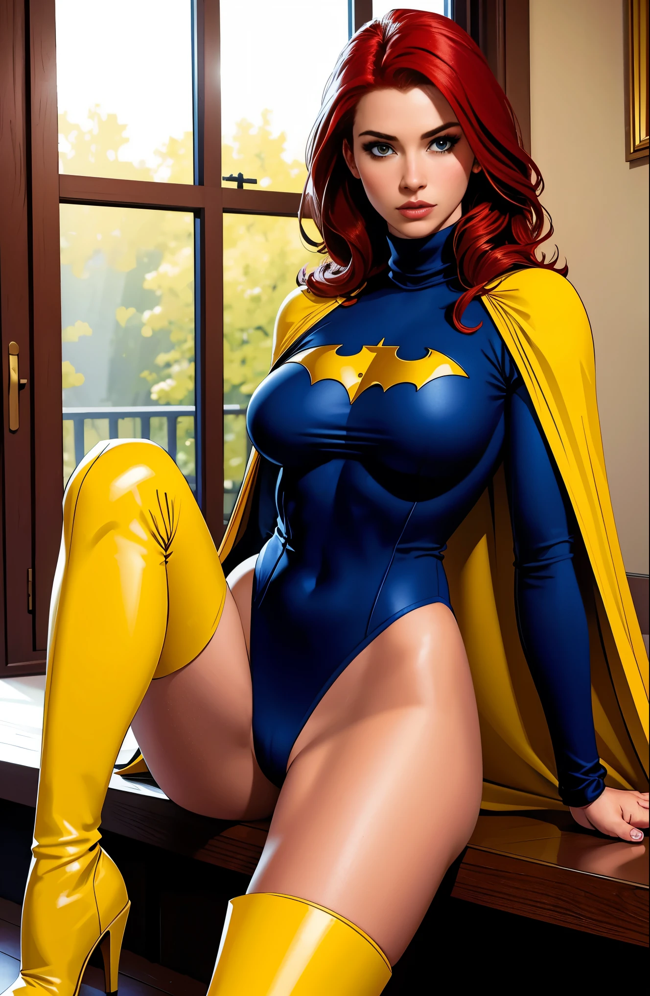 POV, (masterpiece:1.3), high resolution, ultra detailed, extremely detailed CG unity 8 k, (realistic, photo-realistic:1.3, RAW photo:1.2), beautiful detailed face, realistic skin, detailed cloth texture, high detailed hair texture, Perfect proportion, beautiful face, accurate, anatomically correct, highly detailed face and skin texture, natural neck lenght, (beautiful hands), (fair skin:1.2), thin legs, thin feet, long legs, high detailed legs texture, BREAK (just 1 girl:1.3), ((blue leotard, turtleneck, long sleeves:1.3)) ((yellow cape)), BREAK ((red hair)), bare legs, ((yellow miniskirt)), (((cleavage cutout))), (slender figure), (((red high boots))), ((full body shot:1.2)), BREAK ((dinamic:1.2)), BREAK, (hands_with_5_fingers), (perfect_hands), (perfect_fingers), (perfect_legs), (better_hands), More Detail