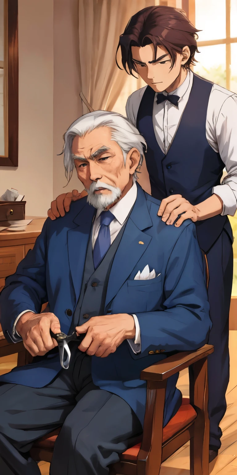 Anime-style an elderly man wearing a tailor's attire,depicted sitting with intense concentration, accompanied by his son who is handing him a pair of scissors. 