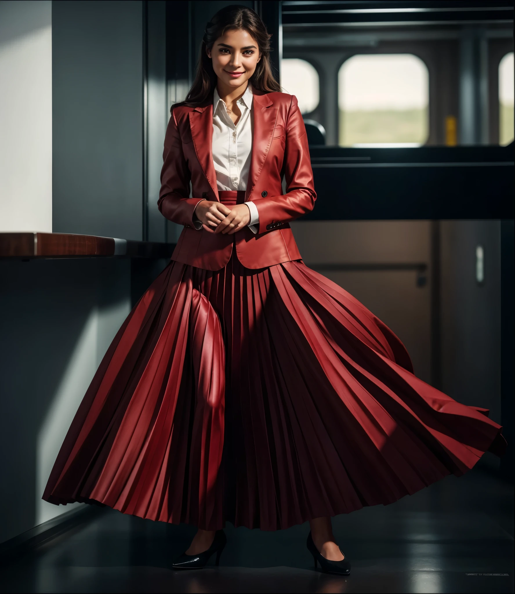 A smiling, authentic, (shy:1,3), kind, beautiful woman, completely alone in an empty space station, in love with her skirt, standing while wind lifts her skirt, wearing short blazer and very very detailed (long (fully pleated) full circle skirt) and (simple) low heeled office shoes, very very intricate hyper-detailed symmetric (attractive graceful young feminine face) with (sad, tired eyes and a shy smile), large breasts, full of empathy and compassion and love, (pronounced (feminine) features), (highly detailed ultra accurate realistic) hands and fingers, (windy), epic composition, highly detailed attributes, (35mm f1.4 Kodak portra 400 photograph), extremely high quality RAW photograph, highly detailed atmosphere, sci-fi, cinematic shot, dynamic lighting, 75mm, Technicolor, Panavision, cinemascope, sharp focus, fine details, 8k, HDR, realism, realistic, key visual, film still, superb cinematic color grading, depth of field